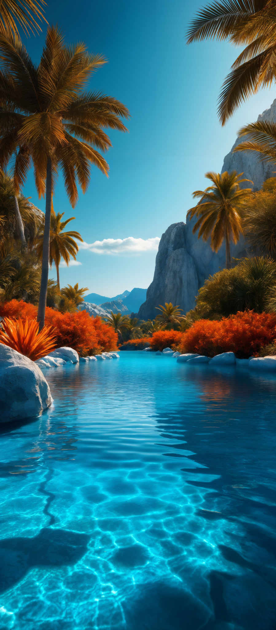 The image showcases a serene natural landscape. Dominating the foreground are tall palm trees with their fronds swaying, casting shadows on the water below. The water is a clear, vibrant blue, with ripples caused by the gentle breeze. On either side of the water, there are rocks, some of which are large and others small. The middle ground features a lush, vividly colored garden with plants in shades of red and orange. In the background, there's a rugged mountain range, partially covered in shadows. The sky above is clear, allowing the sunlight to shine brightly on the entire scene.