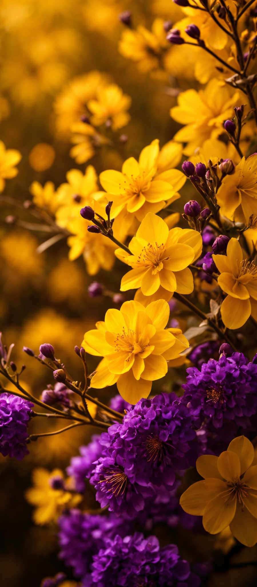 The image showcases a vibrant display of flowers. The dominant colors are yellow and purple. The yellow flowers have a round shape with multiple petals radiating outwards, displaying intricate details in their center. The purple flowers are clustered together, exhibiting a more compact and dense appearance. The background is blurred with a golden hue, emphasizing the depth and beauty of the flowers.