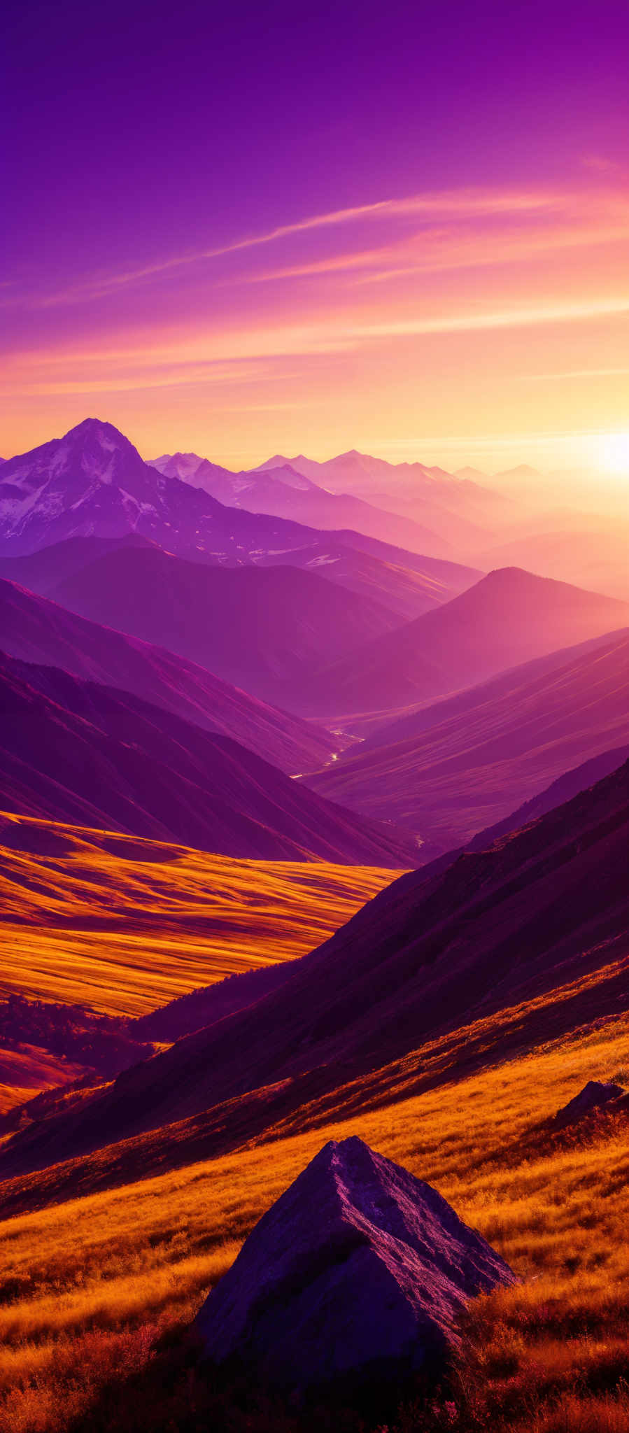 The image showcases a breathtaking landscape during what appears to be sunset or sunrise. The sky is painted in hues of purple, pink, and orange, with the sun casting a golden glow over the scene. In the foreground, there's a vast expanse of golden-yellow grasslands that seem to be illuminated by the sun. A prominent rock formation stands in the middle of the grassland. Beyond the grasslands, there are rolling hills and mountains, some of which have snow-capped peaks. The play of light and shadow creates a sense of depth and dimension in the image, making the landscape appear both serene and majestic.