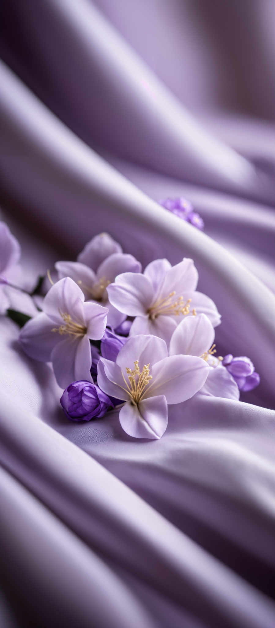 The image showcases delicate flowers with soft purple petals and yellow stamen. The flowers are placed on a flowing, silky fabric that has a gradient of light purple to white. The fabric appears to be smooth and has gentle folds, creating a serene and elegant ambiance.