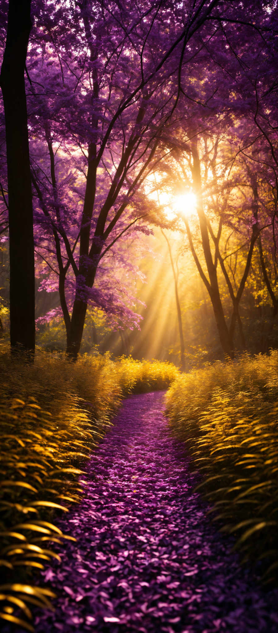 The image showcases a serene forest scene during what appears to be either dawn or dusk. The dominant colors are shades of purple and gold. The trees have tall, slender trunks and their branches are adorned with vibrant purple leaves. The ground is covered with a carpet of fallen purple petals, creating a pathway that leads the viewer's eye deeper into the forest. Sunlight filters through the trees, casting a warm golden glow and creating ethereal rays that pierce through the canopy. The overall ambiance is tranquil and enchanting.