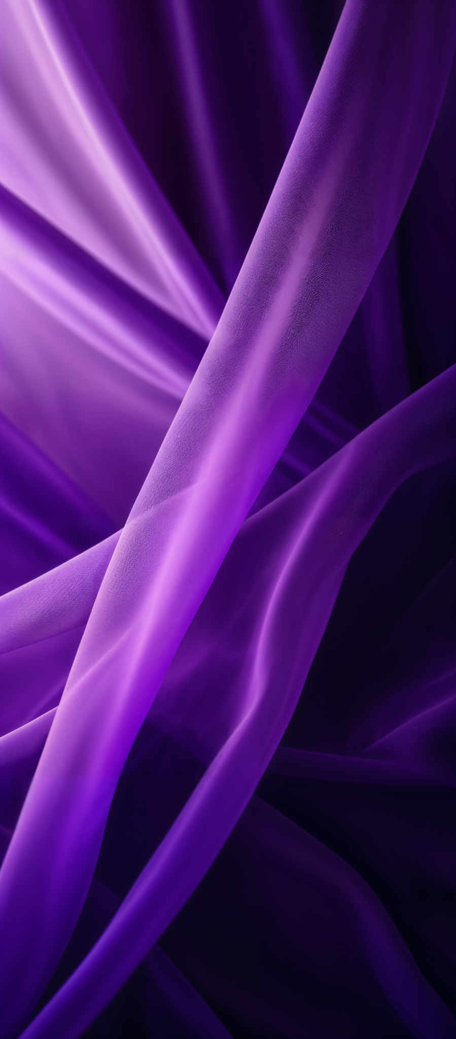 The image showcases a vibrant array of purples and violets. The primary focus is on flowing, translucent fabric or sheer material that has been artistically arranged to form overlapping waves and curves. The material appears soft and delicate, with a sheen that suggests it might be made of silk or a similar fabric. The interplay of light and shadow on the material adds depth and dimension, making the waves appear more dynamic and three-dimensional.