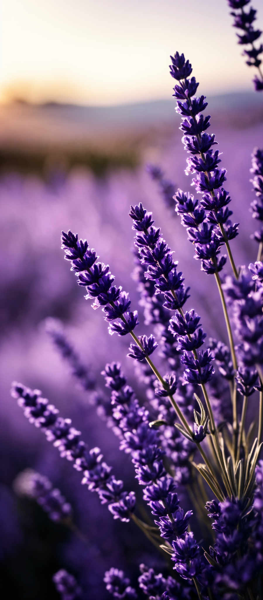 The image showcases a close-up view of tall, slender lavender flowers. The flowers are predominantly purple with intricate details of their petals. The stems are slender and green. The background is blurred, but it appears to be a vast field of lavender with a hint of a setting or rising sun, casting a warm golden hue over the scene.