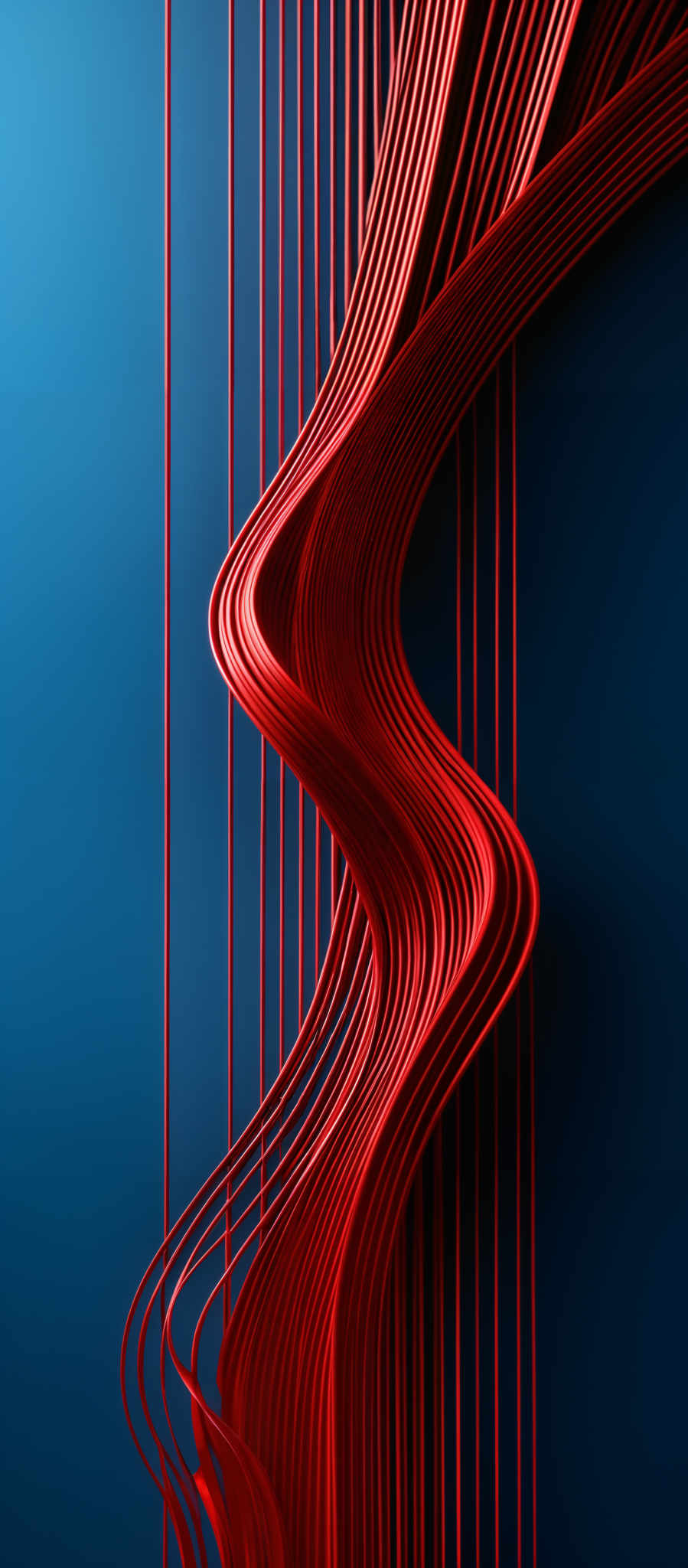 The image showcases a striking contrast between two primary colors: deep blue and vibrant red. The blue serves as the background, providing a calm and serene backdrop, while the red, in the form of intricate, wavy lines, spirals, and curves, dominates the foreground. These red lines appear to be flowing and intertwining, creating a sense of movement and dynamism. The interplay of these colors and shapes gives the image a modern and artistic feel, evoking a sense both of calm and energy.