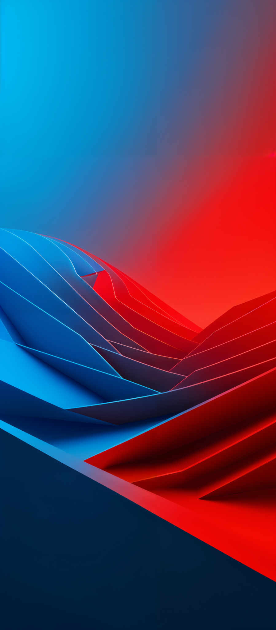 The image showcases a digital artwork with a vibrant color palette. The dominant colors are shades of blue, red, and a gradient transitioning from blue to red. The artwork features layered, wavy structures that resemble a series of hills or dunes. These structures are rendered in a 3D style, giving them a sense of depth and volume. The gradient in the background suggests a horizon, with the blue transitioning into a fiery red, possibly indicating a sunset or sunrise.