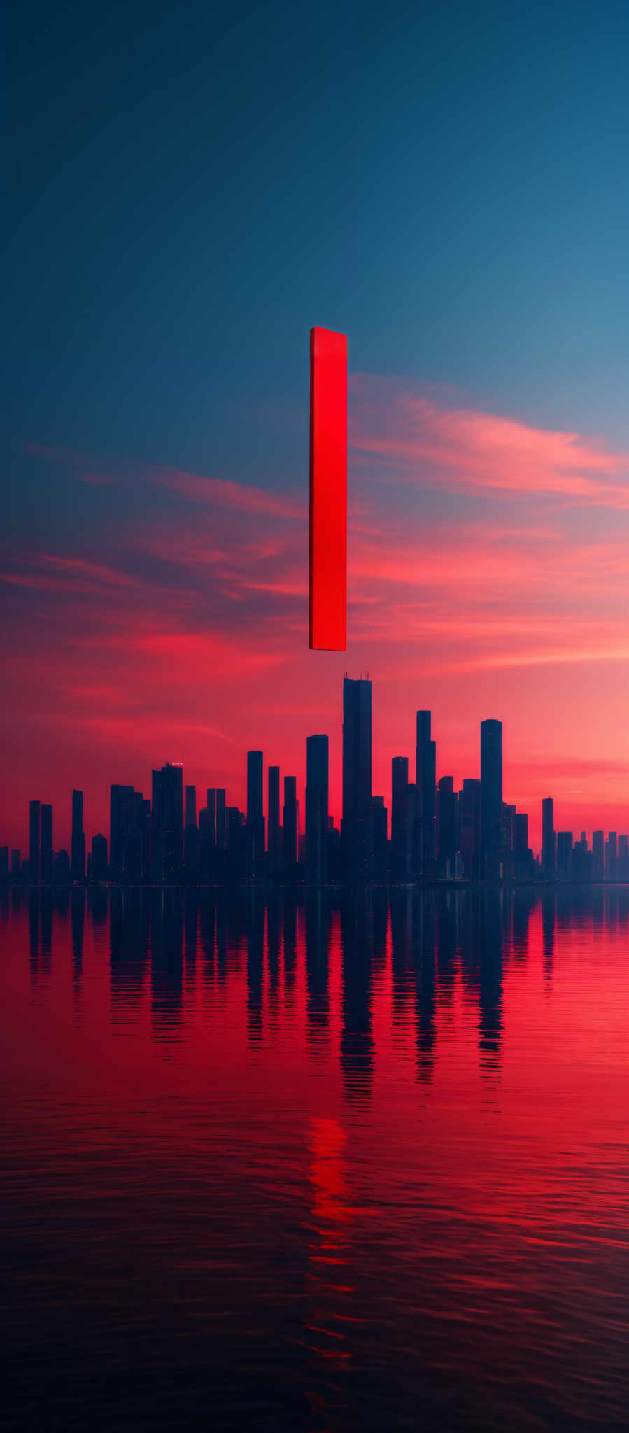 The image showcases a city skyline during sunset or sunrise. The sky is painted with hues of blue, pink, and orange, reflecting on the calm waters below. Dominating the scene is a tall, slender red rectangle that appears to be floating or suspended in the air above the city. The city's buildings, with their dark silhouettes, are mirrored perfectly in the water below, creating a symmetrical visual effect.