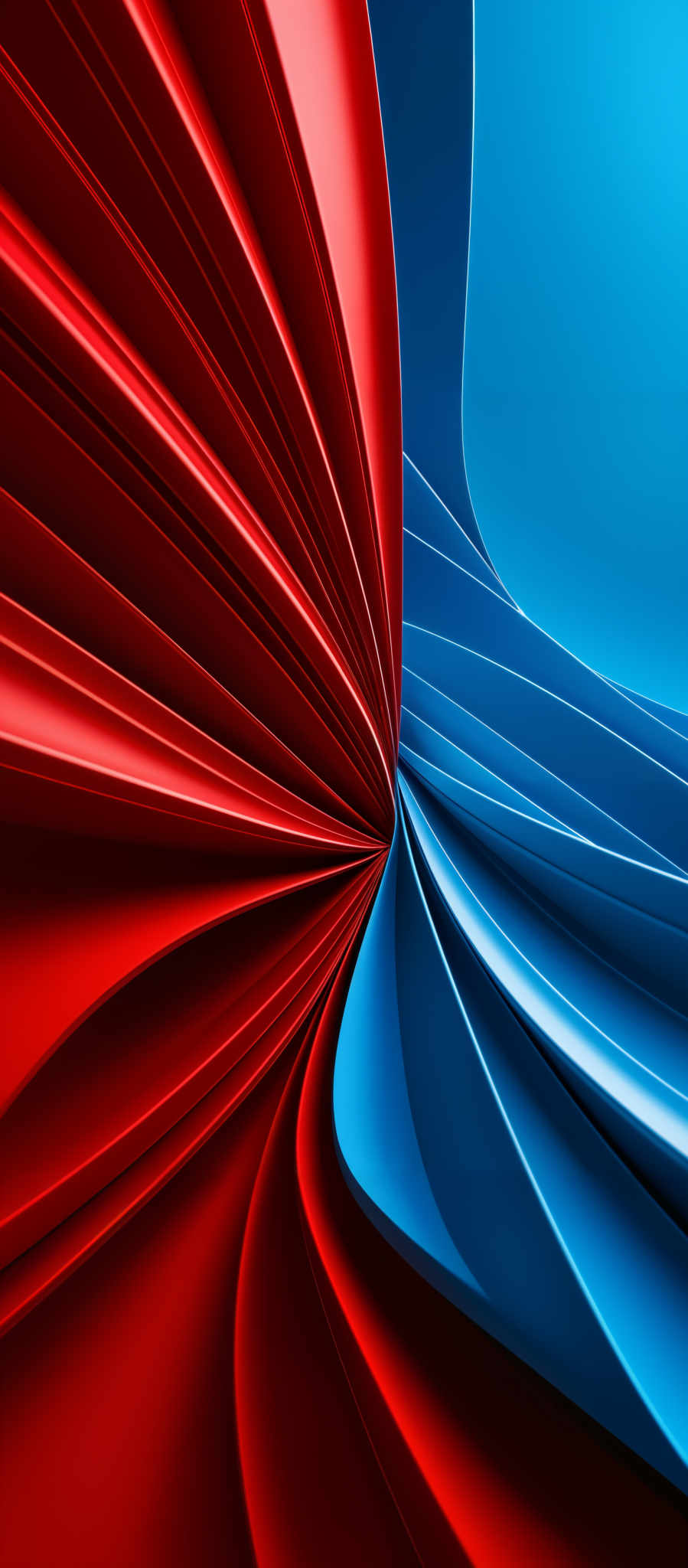 The image showcases a vibrant and dynamic design. It features a series of layered, curved structures that appear to be made of a glossy material. The dominant colors are a deep red on the left and a bright blue on the right. The red structures have a wavy, flowing appearance, while the blue ones have a smoother, more streamlined look. The overlapping of these structures creates a sense of depth and movement, giving the image a dynamic and modern feel.