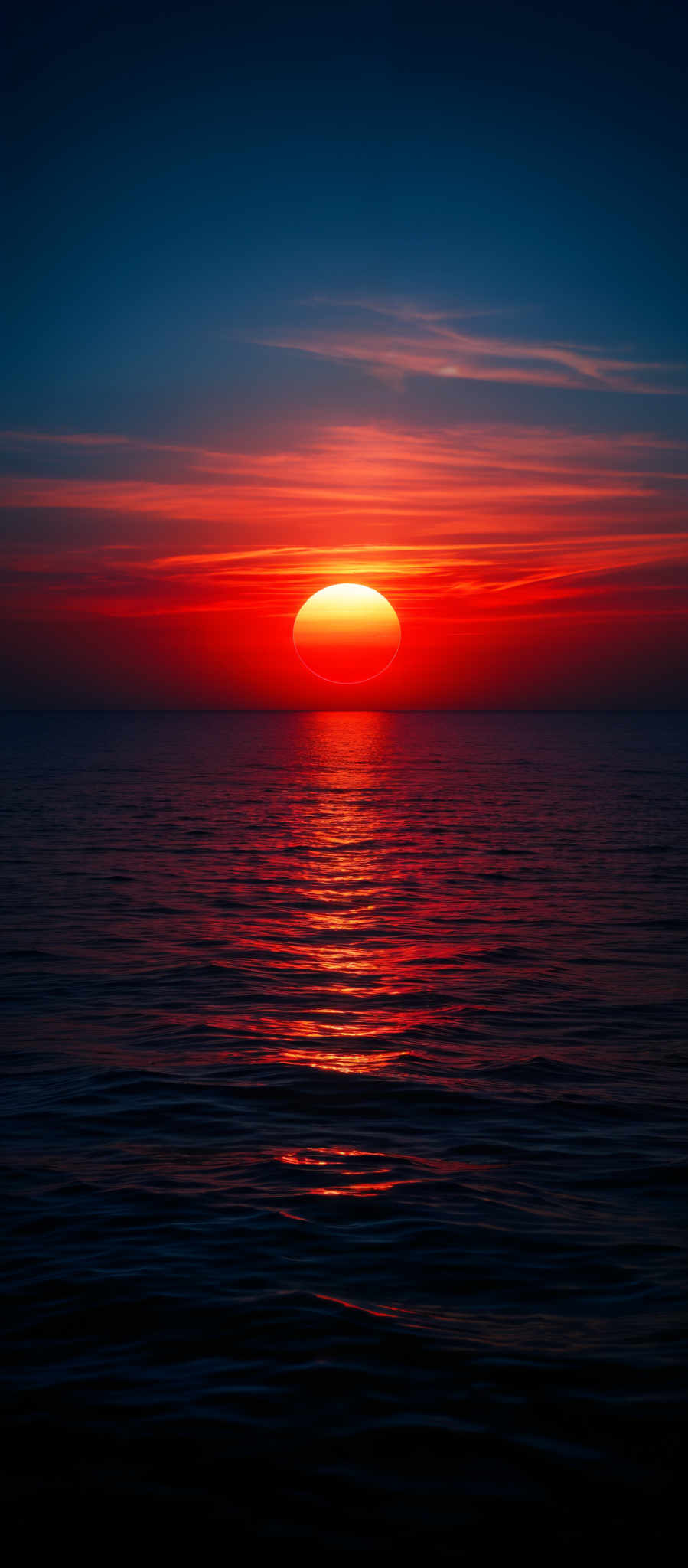 The image showcases a breathtaking sunset over the ocean. The sun is a brilliant orb, casting a fiery orange and red glow. The sky transitions from a deep blue at the top to a gradient of orange and pink hues near the horizon. The ocean reflects the sun's colors, creating a shimmering path of light. The horizon is slightly obscured by a thin layer of clouds, adding depth and texture to the scene.