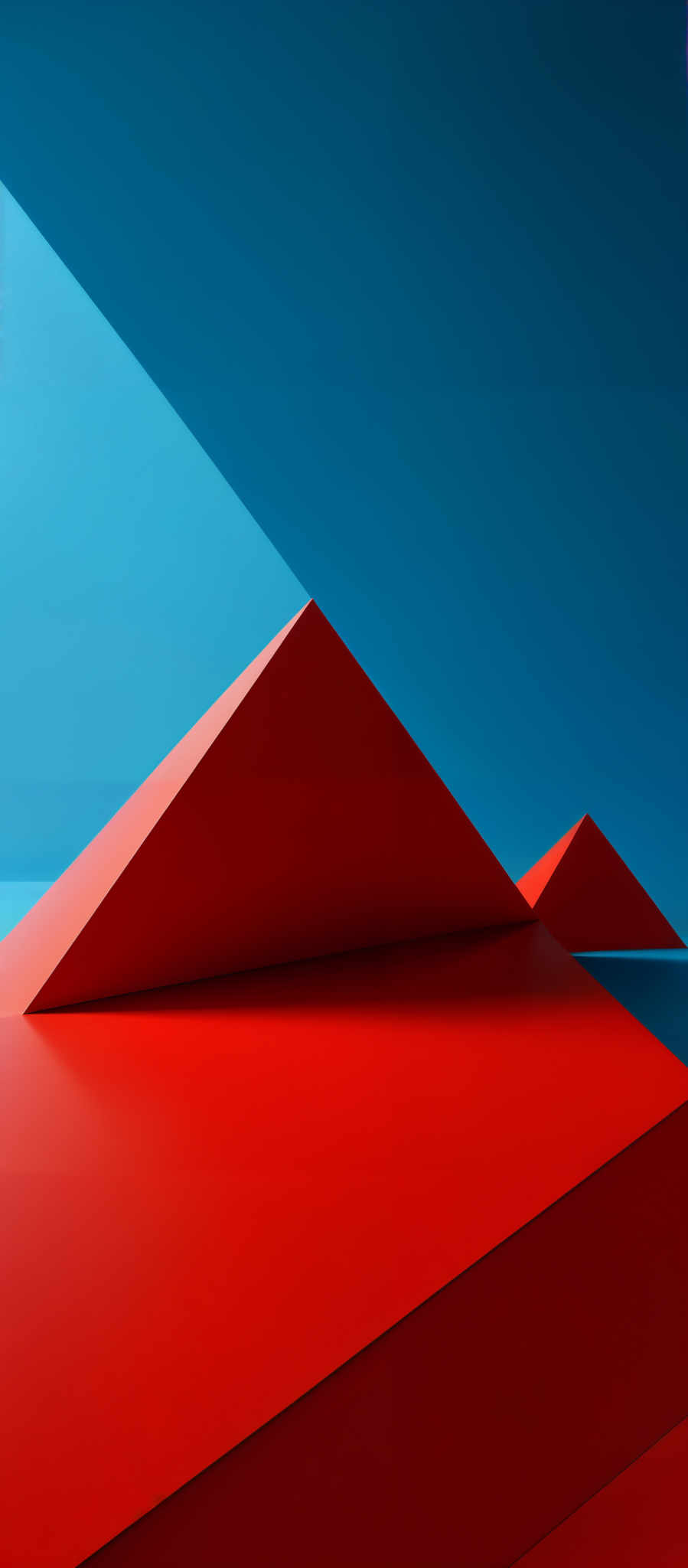 The image showcases a vibrant and abstract composition. Dominating the scene are two large, sharp triangular structures, one in a deep shade of blue and the other in a bold red. These triangles are juxtaposed against a gradient background transitioning from blue to a lighter shade. The image also features a diagonal shadow or light source that casts a sharp shadow on the red triangle, emphasizing its three-dimensionality.