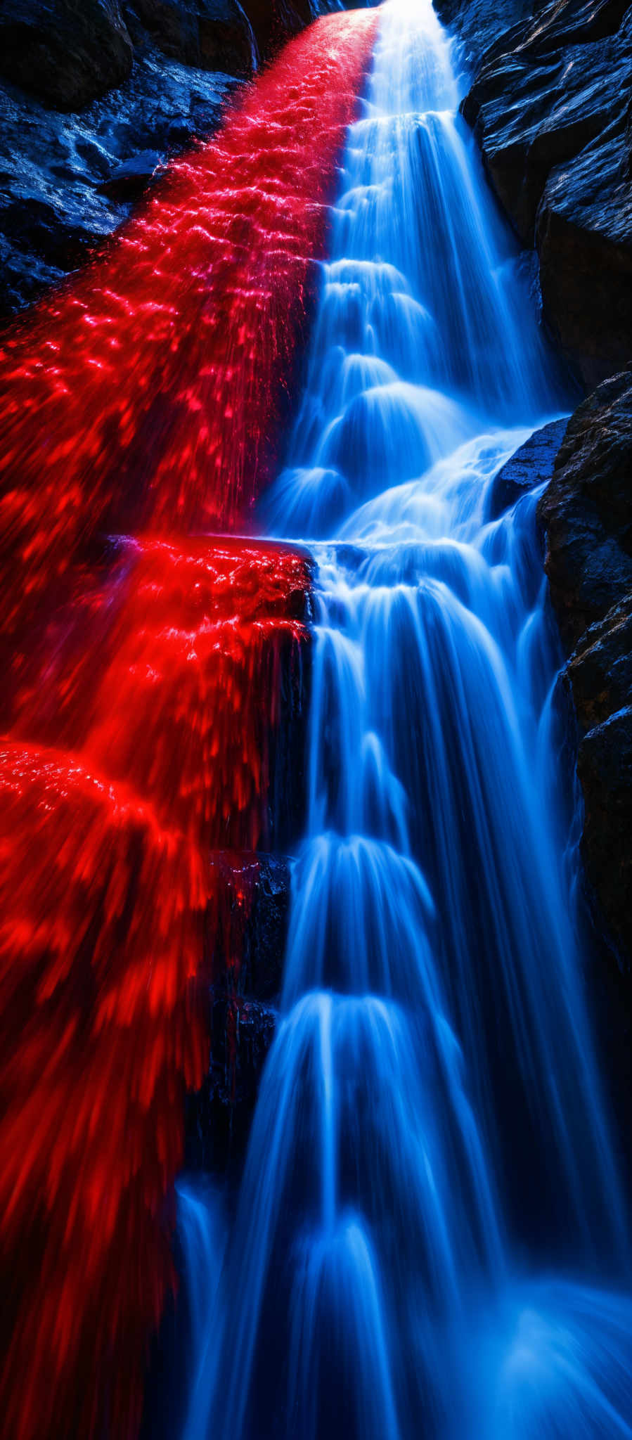 The image showcases a cascading waterfall with a striking contrast of colors. The waterfall flows down a series of rocky terrains, creating a white, frothy appearance. On one side of the waterfall, there's a vivid red substance, possibly a liquid or a painted effect, that contrasts sharply with the blue hue of the flowing water. The rocks surrounding the water are dark and rugged, adding to the natural and dramatic ambiance of the scene.