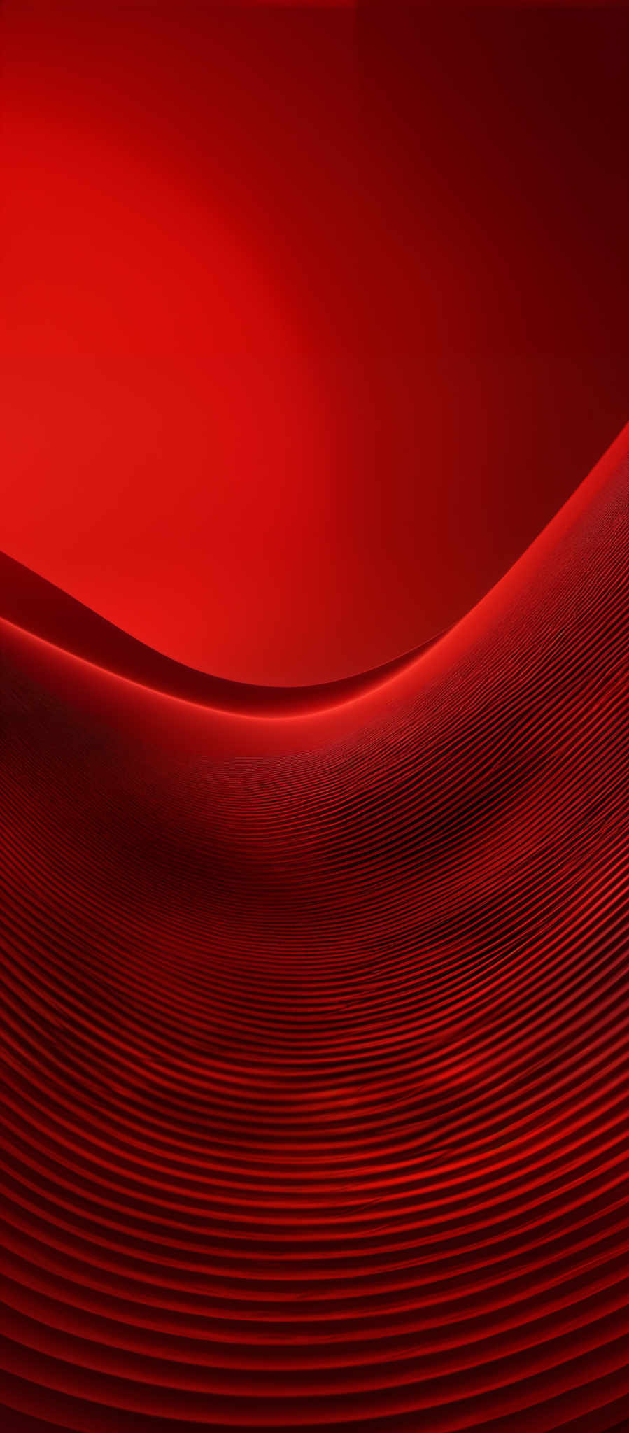 The image predominantly features a gradient of red hues, transitioning from a deep crimson at the top to a lighter shade towards the bottom. The central focus is a series of undulating, ridged patterns that resemble sand dunes or waves. These patterns are layered and create a sense of depth and movement. The overall composition evokes feelings of warmth, fluidity, and rhythm.