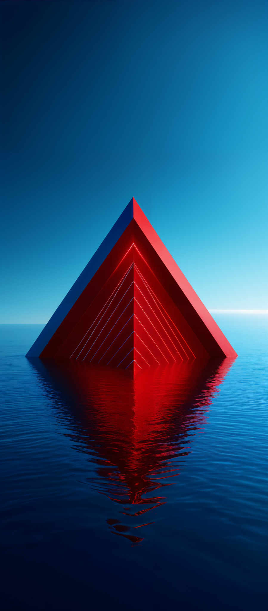 The image showcases a large, pyramid-shaped structure with a vibrant red exterior. It is positioned in the middle of a calm body of water, reflecting its image on the water's surface. The sky above is a gradient of deep blue, transitioning to a lighter shade near the horizon. The reflection of the pyramide in the water creates a symmetrical visual effect, adding depth and dimension to the scene.