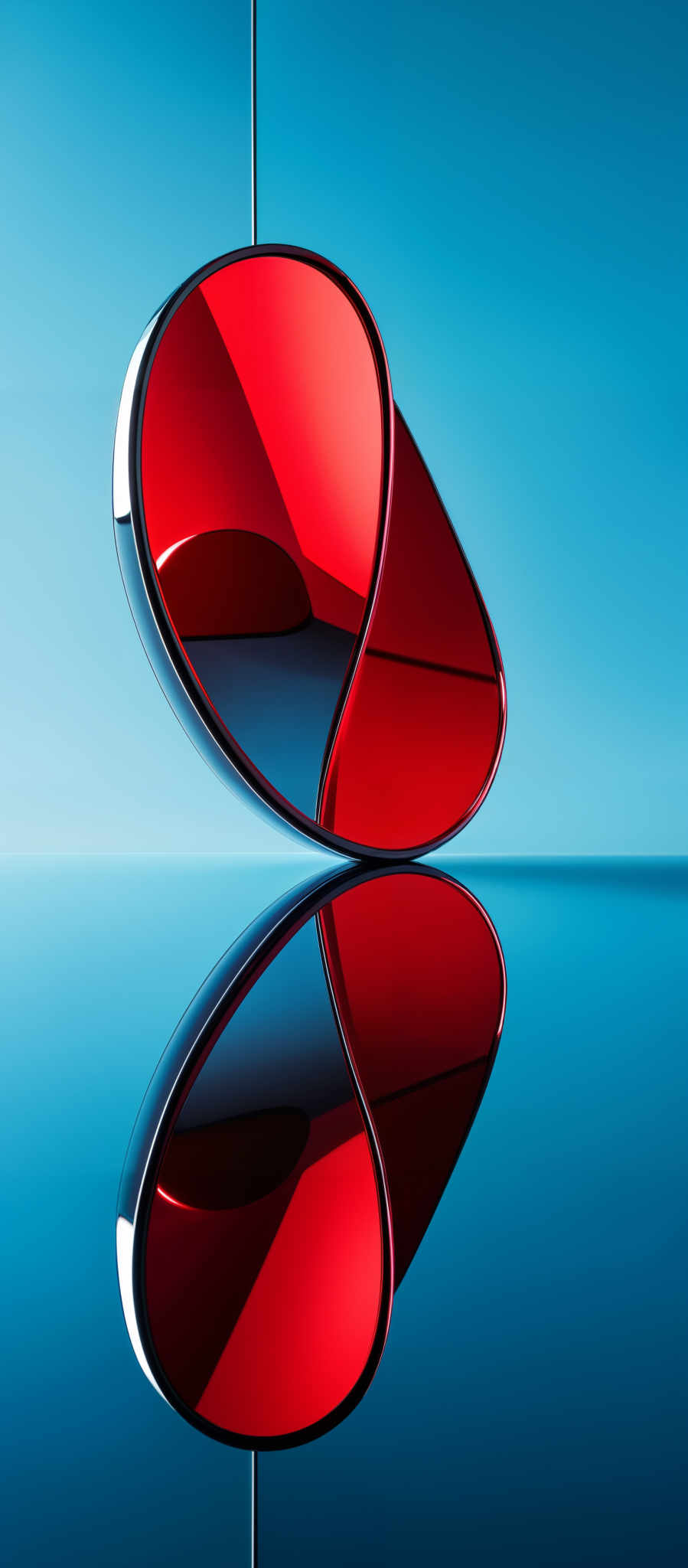 The image showcases a vibrant and modern design. It features a large, elongated, and curved object that appears to be made of a reflective material, possibly glass or metal. The object is suspended from a thin rod and is mirrored in a symmetrical manner below it, creating a mirror image. The dominant colors in the image are a deep blue for the background and a vivid red for the object. The design exudes a sense of elegance and sophistication.