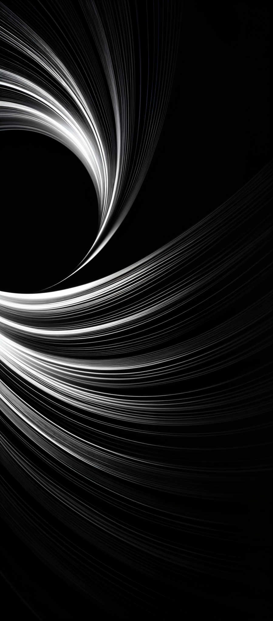 The image showcases a swirling pattern of white and black lines. The white lines create a beautiful contrast against the dark background, forming a spiral or vortex-like shape. The lines are smooth and flowing, giving the image a dynamic and fluid appearance.