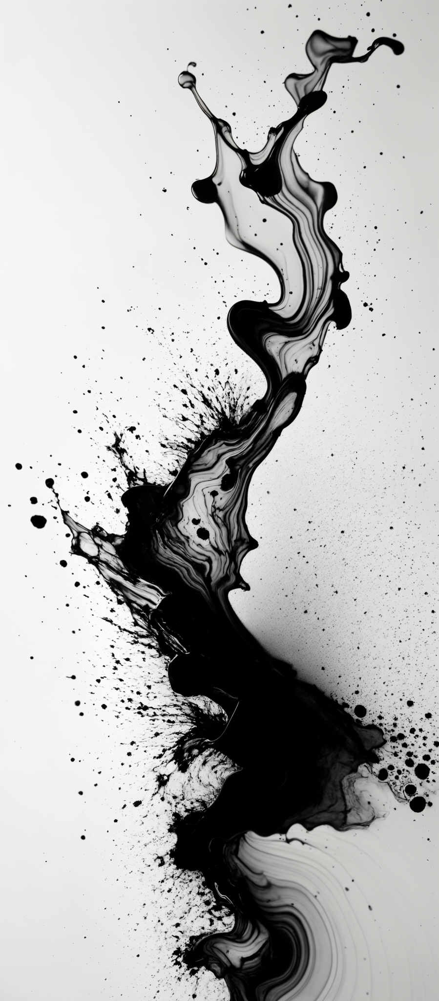 The image showcases a dynamic interplay of black and white. The predominant color is black, which forms intricate patterns and shapes, resembling fluid dynamics or ink splashes. These patterns are contrasted against a white background, creating a visually striking effect. The shapes are fluid, wavy, and seem to be in motion, giving the image a sense of dynamism and movement.