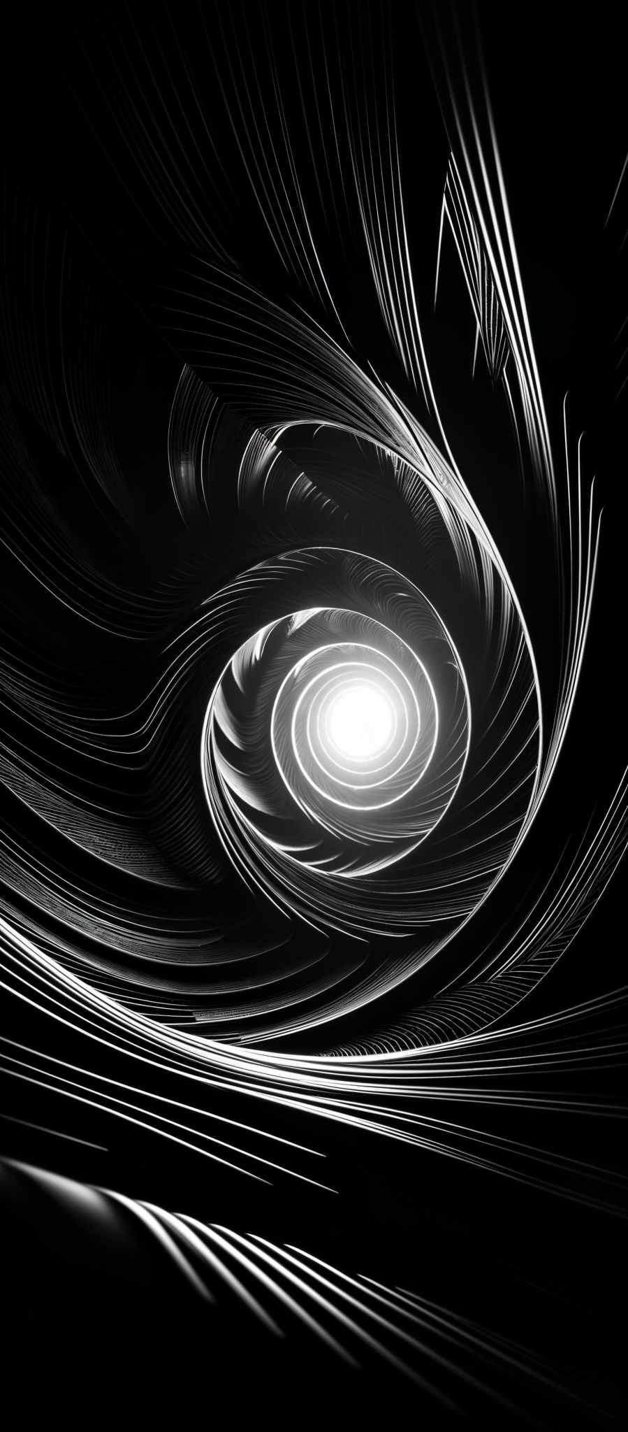 The image showcases a mesmerizing spiral pattern with dark and light contrasts. The spiral is composed of swirling lines that appear to be made of metal or some other reflective material. The darker portions of the spiral create a sense of depth and movement, while the lighter portions highlight the intricate details of the design. The overall color palette is monochromatic, with varying shades of black and white, giving the image a dramatic and intense feel.