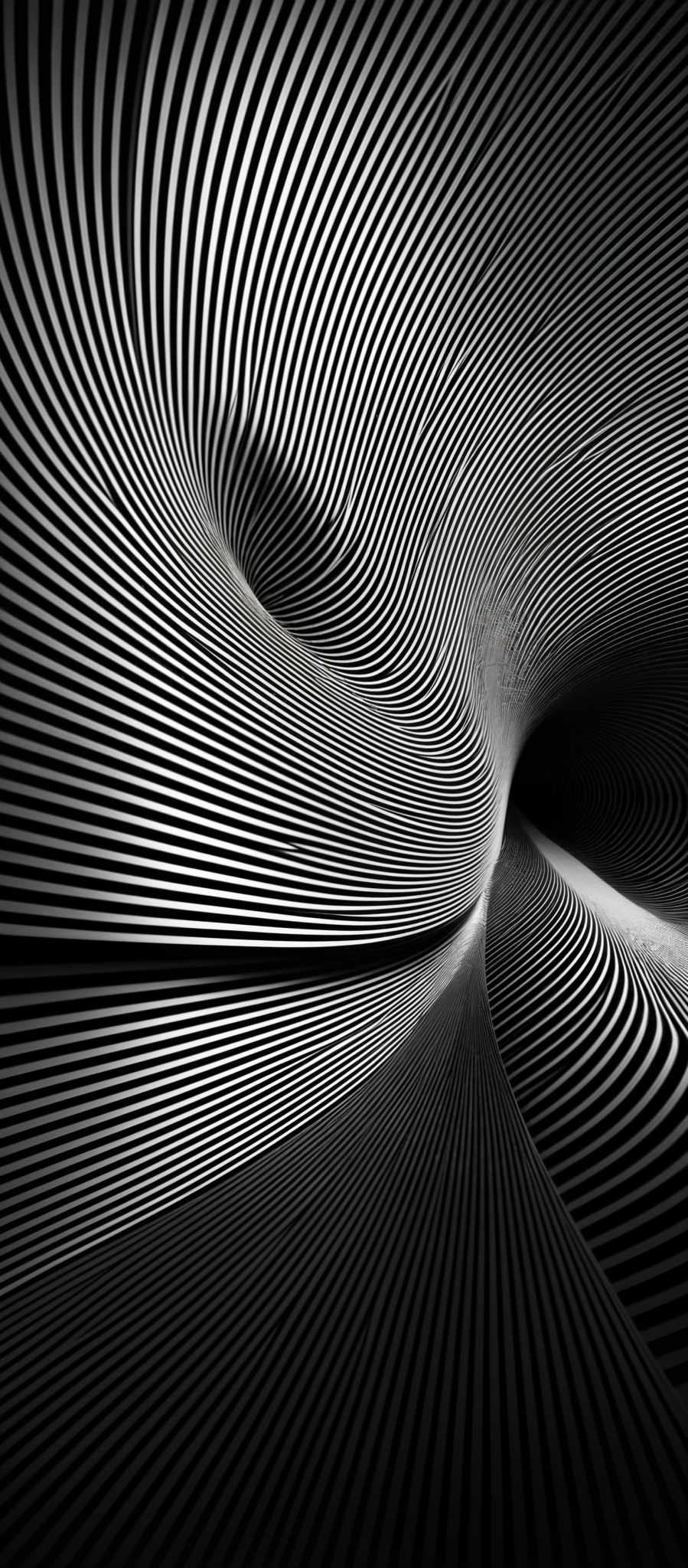 The image showcases a black and white abstract design. It predominantly features a series of parallel, wavy lines that converge towards a central point, creating a tunnel-like appearance. The lines vary in thickness and spacing, creating depth and a sense of movement. The design is symmetrical, with the lines extending both horizontally and vertically, creating an illusion of depth and dimension.