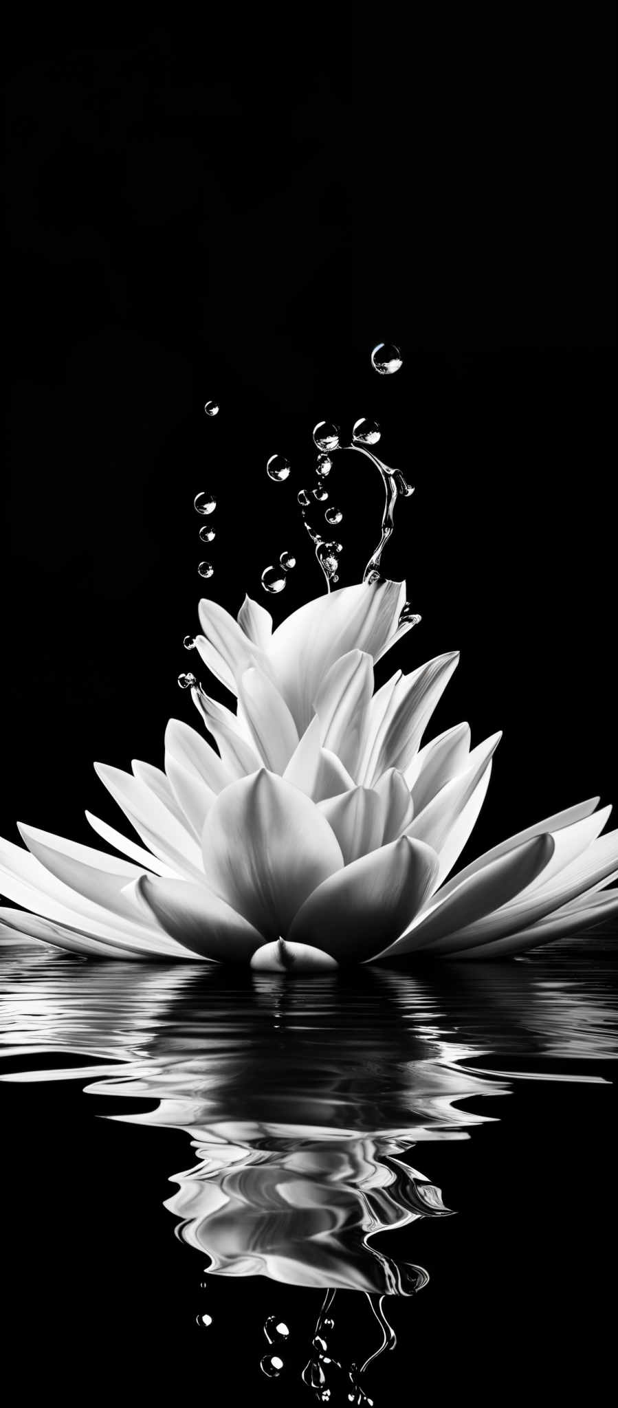 The image showcases a lotus flower in a monochromatic palette, predominantly in shades of black and white. The lotus is in full bloom, with its petals spread out gracefully. Above the flower, there are small bubbles, possibly from a splash or a drop of water, creating a dynamic contrast with the stillness of the lotus. The reflection of the flower can be seen in the water below, creating an almost symmetrical visual effect.