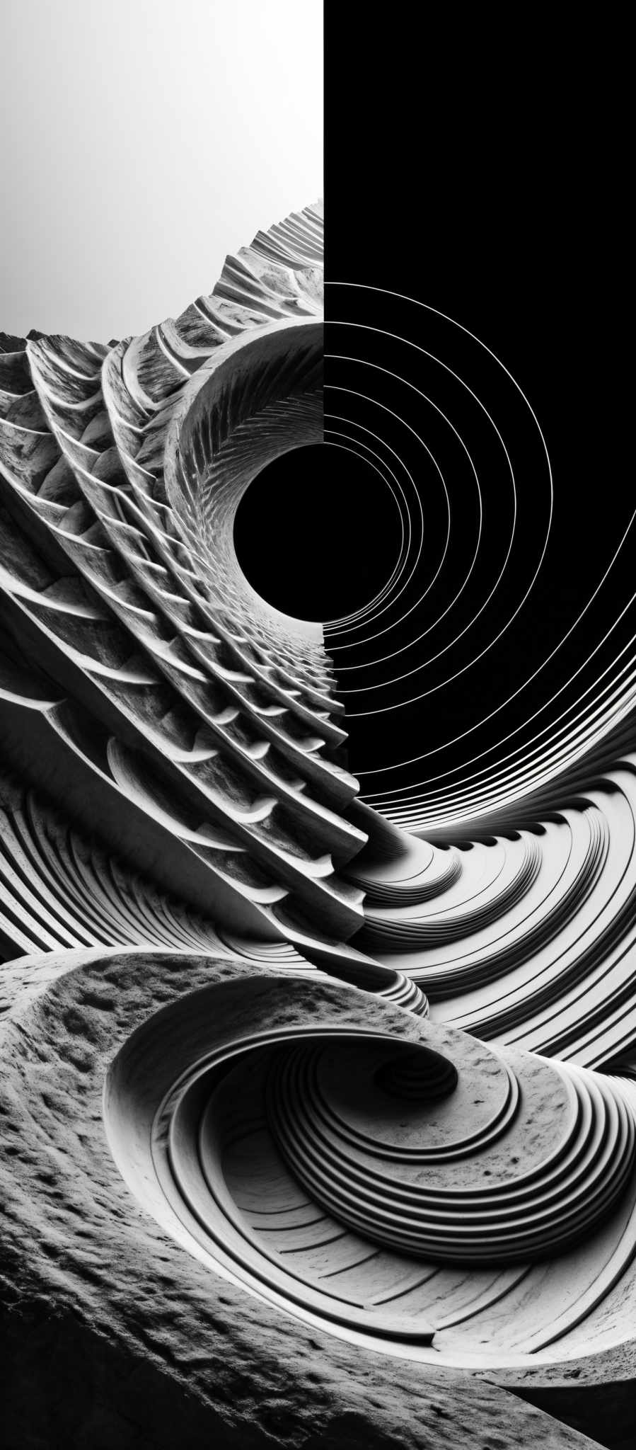 The image showcases a monochromatic, possibly black and white, abstract design. The dominant shape is a series of concentric circles, with each circle having a unique, layered texture. The design appears to be a blend of organic and geometric elements, creating a mesmerizing, almost hypnotic effect. The intricate details and varying depths give the image a three-dimensional feel, making it appear as though the circles are spiraling into one another.