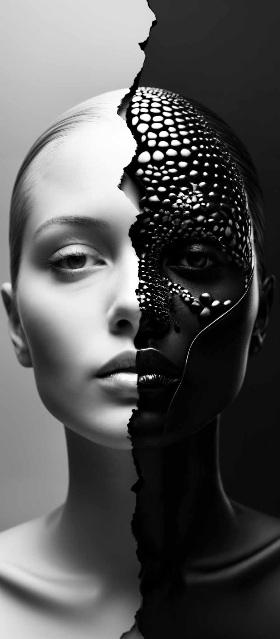 The image showcases a split portrait of a woman. On the left side, the woman's face is depicted in a monochromatic grayscale, giving it a soft and delicate appearance. On her right side, there's a contrasting side with a black background and a face adorned with intricate patterns resembling scales or bubbles. The patterns are raised, giving a tactile and three-dimensional feel. The woman't wear any makeup on the grayscale side, while on the black side, her lips are glossy and her eyes are accentuated with dark makeup.