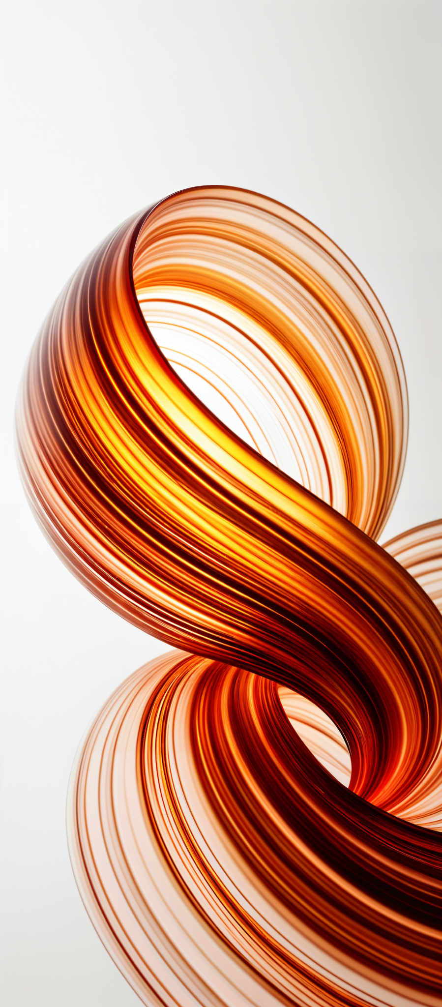 The image showcases a vibrant and intricate swirl of colors. The predominant colors are shades of orange, red, and brown, intertwined in a spiral formation. The swirl appears to be fluid and dynamic, giving the impression of movement or energy. The shape is reminiscent of a twisted ribbon or a coiled loop, with the colors flowing seamlessly into one another, creating a visually captivating and harmonious composition.