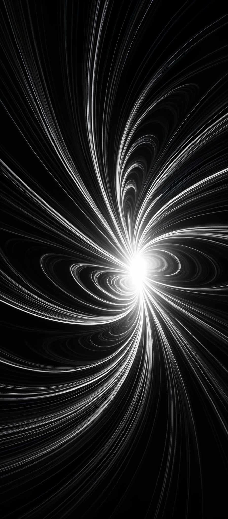 The image showcases a swirling pattern of white lines against a black background. The lines appear to be spiraling outwards from a central point, creating an effect reminiscent of a vortex or a burst of energy. The shape is reminisccent of abstract art, with the lines converging and diverging in a dynamic manner, giving the image a sense of movement and dynamism.