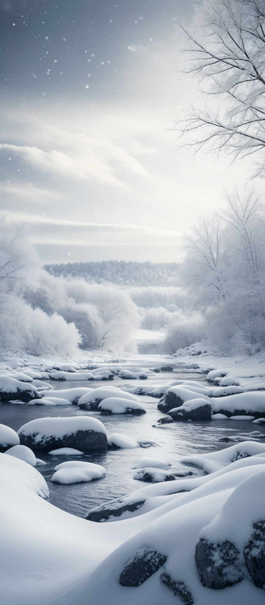 The image showcases a serene winter landscape. Dominating the scene are shades of white and blue, representing the snow and the sky. The landscape is dotted with snow-covered rocks and trees, creating a tranquil scene. The sky is filled with snowflakes, and the horizon reveals a distant forest or woodland area. The overall ambiance is calm and cold, evoking feelings of solitude and peace.