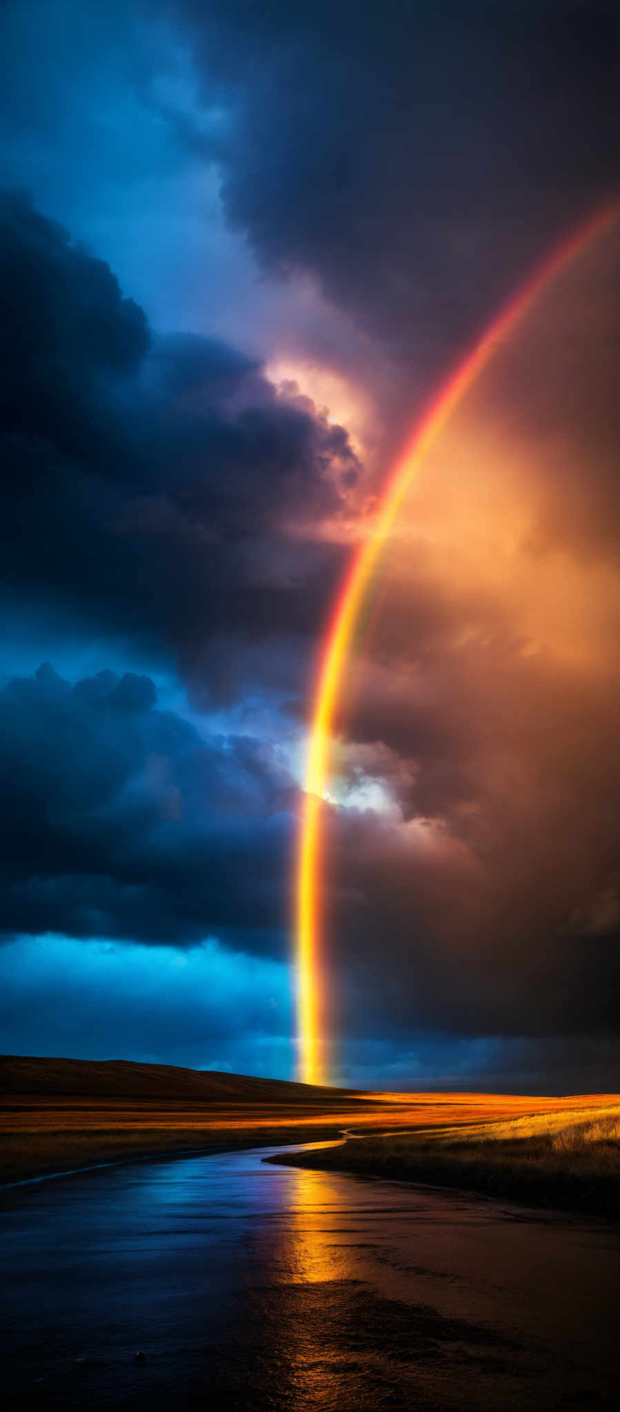 The image showcases a breathtaking scene of nature. Dominating the sky is a vivid rainbow that arcs from the left side to the right, with its colors transitioning from deep blue at the top to a fiery orange-red near the horizon. The sky is filled with dark, stormy clouds, contrasting sharply with the brightness of the rainbow. Below, there's a serene landscape with a calm body of water reflecting the colors of the sky. On the far horizon, there is a vast expanse of land with a golden hue, possibly indicating a field or grassland.