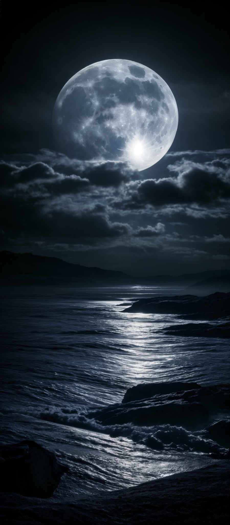 The image showcases a breathtaking night scene. Dominating the top half is a large, luminous moon with a detailed surface showing craters and clouds. The moon casts a bright light on the dark clouds surrounding it. Below the moon, there's a serene body of water reflecting the moon's glow. The water has gentle waves, and its surface shimmers with the moonlight. On the right side, there are rocky outcrops jutting out into the water. The overall color palette is a mix of deep blues, blacks, and silvers, creating a tranquil and mystical ambiance.