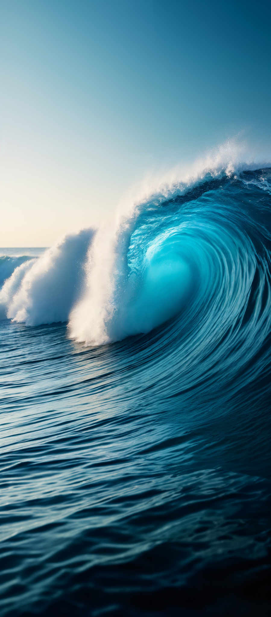 The image showcases a beautiful ocean scene with a large, powerful wave. The wave is a vibrant shade of turquoise, with a translucent appearance, revealing the water's depth and movement. The crest of the wave is white, indicating the force and turbulence as it crashes. The background displays a serene horizon with a gradient of light blue, transitioning to a deeper shade as it moves away from the wave.