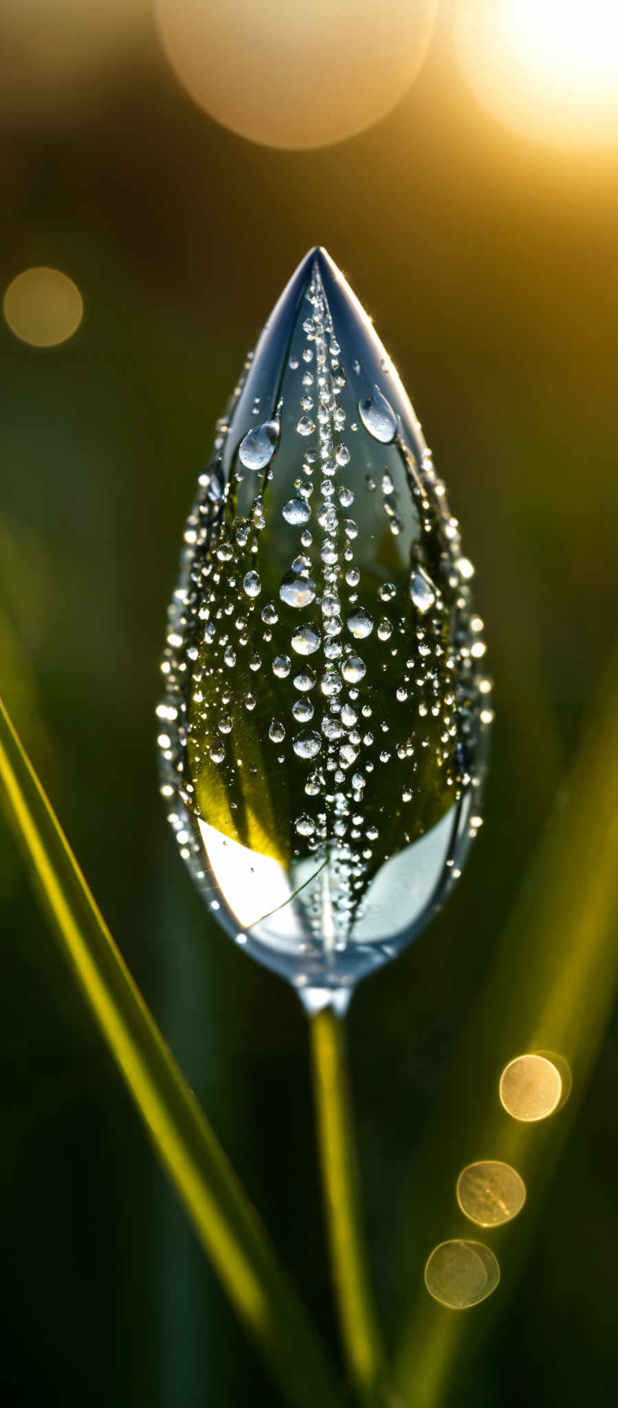 The image showcases a dew-covered object, possibly a leaf or a small piece of nature, that is shaped like a teardrop. It is adorned with numerous tiny water droplets that reflect the surrounding environment. The droplet's surface is highly reflective, capturing the green of the grass and the golden hue of the sunlight. The background is blurred, emphasizing the dew and the sun's glow, with the sun appearing to be either rising or setting, casting a warm golden light.