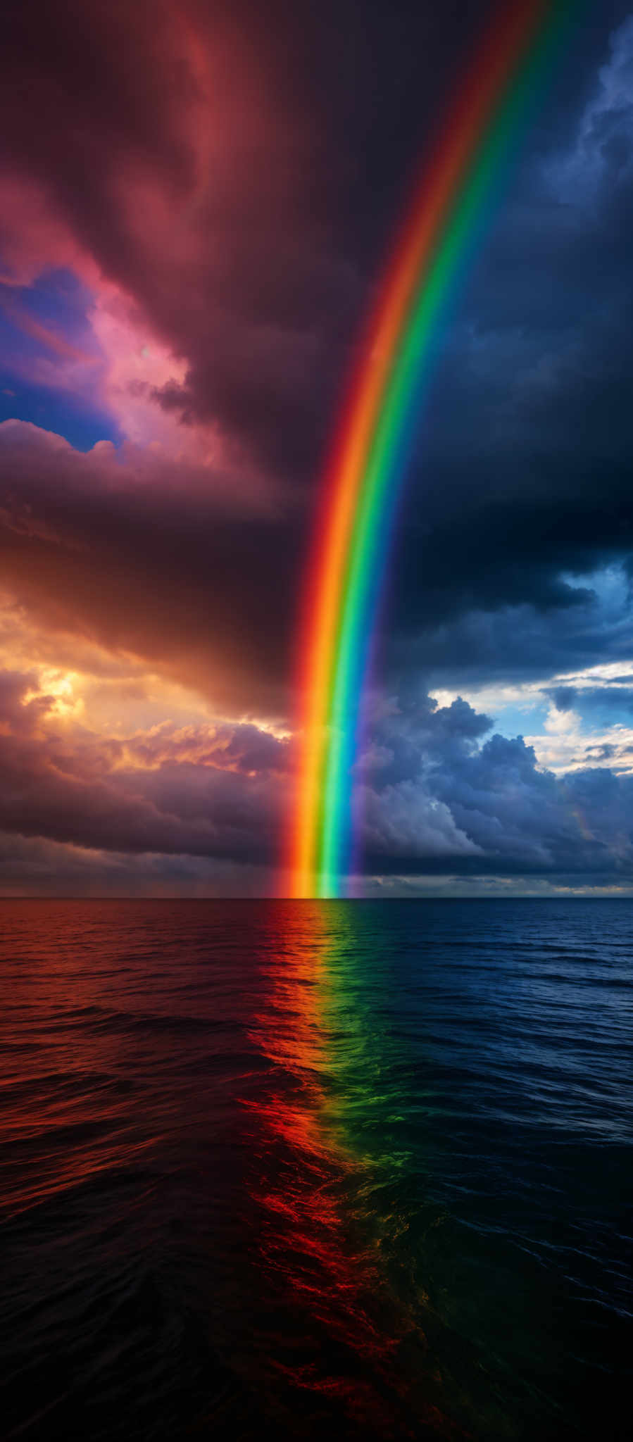 The image showcases a vibrant and dramatic scene. Dominating the sky are dark, ominous clouds, interspersed with patches of fiery orange and deep red hues, suggesting either a sunset or sunrise. A vivid rainbow arcs across the sky, its colors transitioning from deep red at the top to a spectrum of blues, greens, and yellows at the bottom. This arc beautifully reflects on the calm waters below, creating a mesmerizing contrast between the fiery sky and the serene sea.