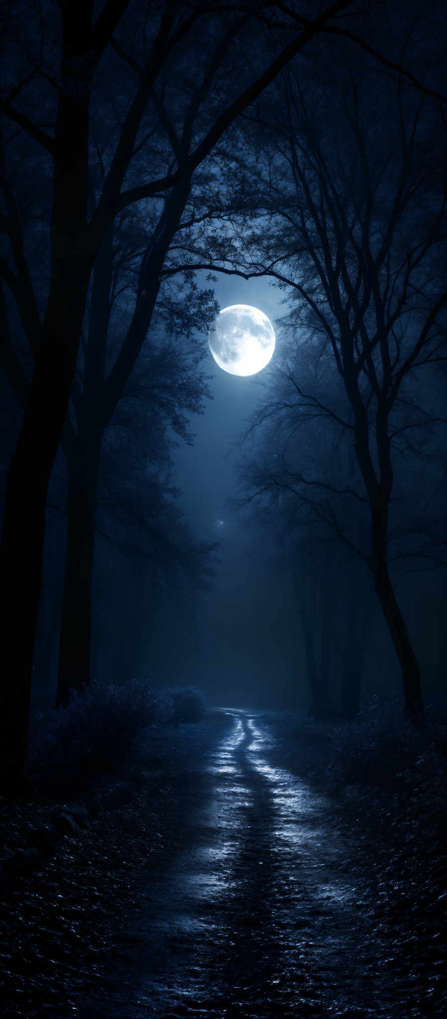 The image predominantly features shades of blue and black. The moon, which is the central focus, emits a bright white light that contrasts starkly with the surrounding darkness. Its circular shape is clearly visible, casting a soft glow on the path below. The path itself is cobbled and appears wet, reflecting the moonlight. On either side of the path, there are tall, slender trees with intricate branches. The trees' silhouettes are dark, adding to the mysterious ambiance of the scene. The overall atmosphere is eerie and serene, evoking feelings of solitude and contemplation.