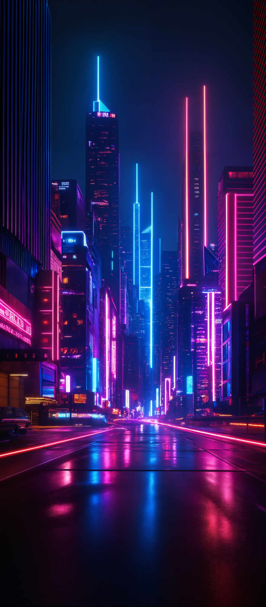 The image showcases a neon-lit cityscape during nighttime. The dominant colors are shades of purple, blue, and pink. The buildings are tall and modern, with some having unique vertical lighting patterns. The streets are wet, reflecting the vibrant colors of the neon lights. There are various signs and billboards, some of which are in foreign scripts, suggesting a multicultural urban setting.