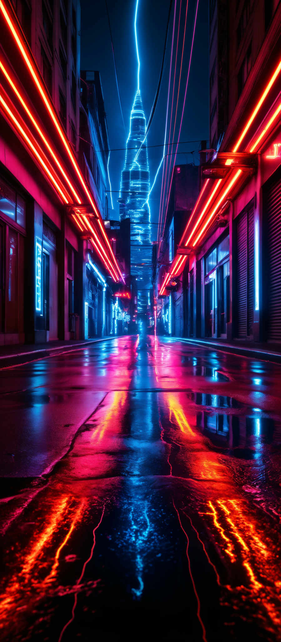 The image showcases a vibrant urban scene at night. Dominating the backdrop is a tall, illuminated tower emitting a bright blue light. The tower is surrounded by a myriad of wires and cables, some of which are visibly disrupted, creating a sense of chaos. The foreground features a wet street reflecting the neon lights from the buildings and the tower. The street is lined with commercial establishments, some with closed shops. The color palette is dominated by deep blues, bright reds, and neon pinks, giving the scene a futuristic and cyberpunk ambiance.