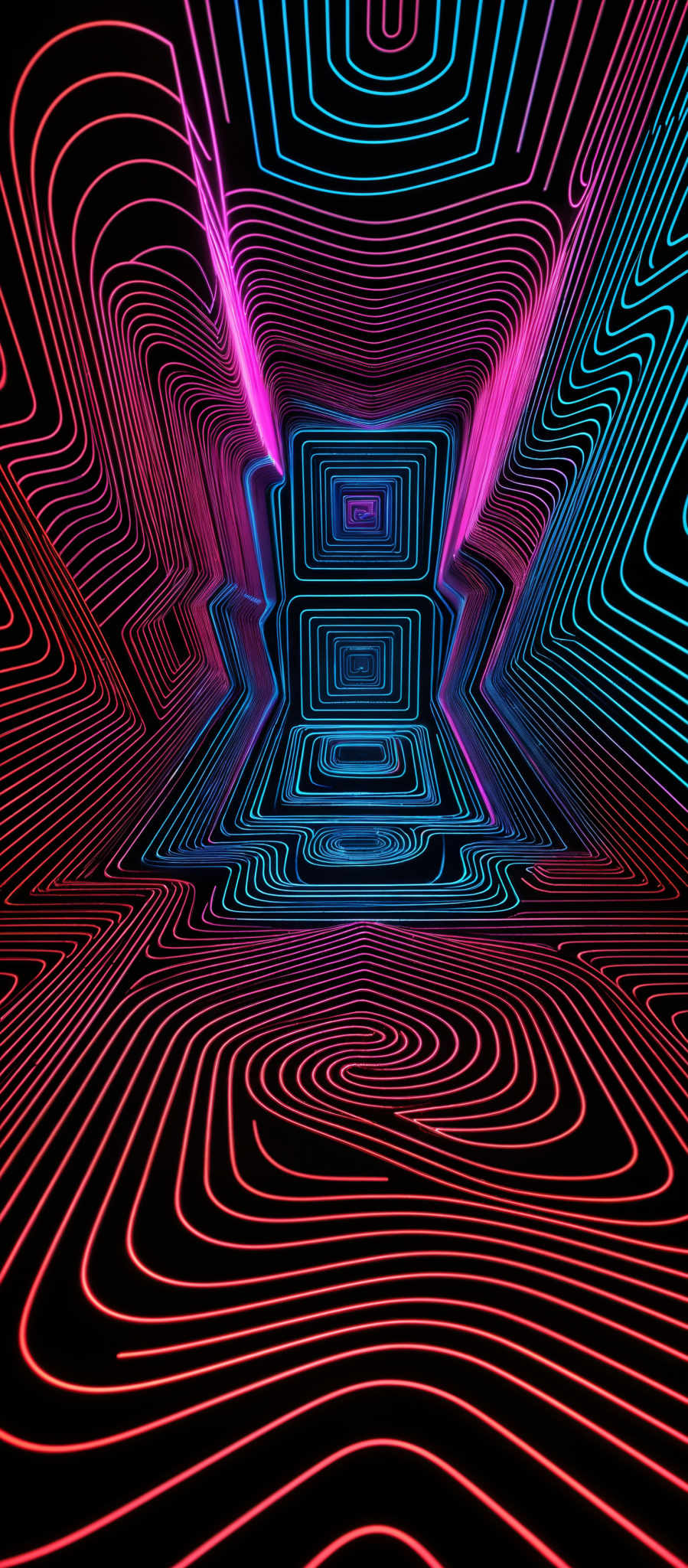 The image showcases a vibrant and mesmerizing digital artwork. It predominantly features neon colors such as pink, blue, and red against a dark background. The artwork is characterized by intricate, wavy lines that create a labyrinth-like pattern. These lines converge and diverge in a way that gives the illusion of depth and three-dimensionality. The central focus is a series of concentric squares, each diminishing in size as they recede into the distance. The overall effect is reminiscent of a psychedelic or futuristic environment, evoking feelings of wonder and curiosity.