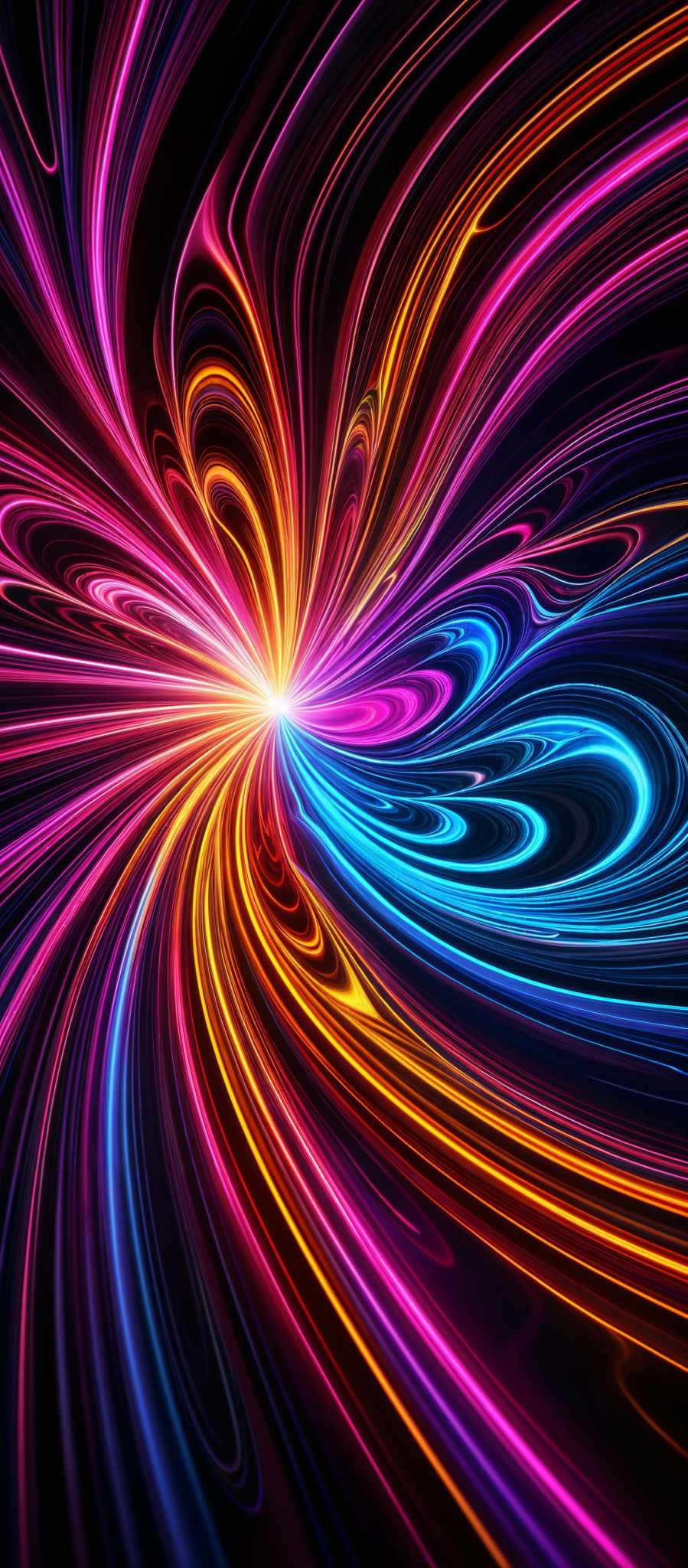 The image showcases a vibrant and dynamic swirl of colors. The predominant colors are shades of pink, blue, and orange, which seem to be emanating from a central point, creating a mesmerizing effect. The swirls are intricate and appear to be flowing outwards, giving the impression of a burst of energy or a cosmic phenomenon. The overall shape is reminiscent of a vortex or a burst, with the colors spiraling outwards in a harmonious pattern.