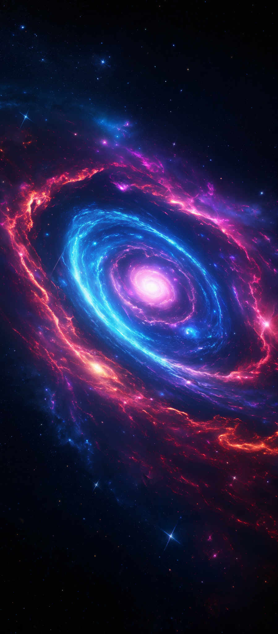 The image showcases a mesmerizing cosmic scene, possibly a galaxy or nebula. The dominant colors are deep blues, vibrant purples, and fiery reds. The shape is spiral-like, with swirling patterns of glowing gas and dust. The central region appears bright, possibly indicating a dense concentration of stars or a supermassive black hole. Surrounding the spiral are radiant rings of light, possibly depicting the presence of stars, planets, or other celestial objects. The overall ambiance is one of wonder and awe, capturing the vastness and beauty of the universe.