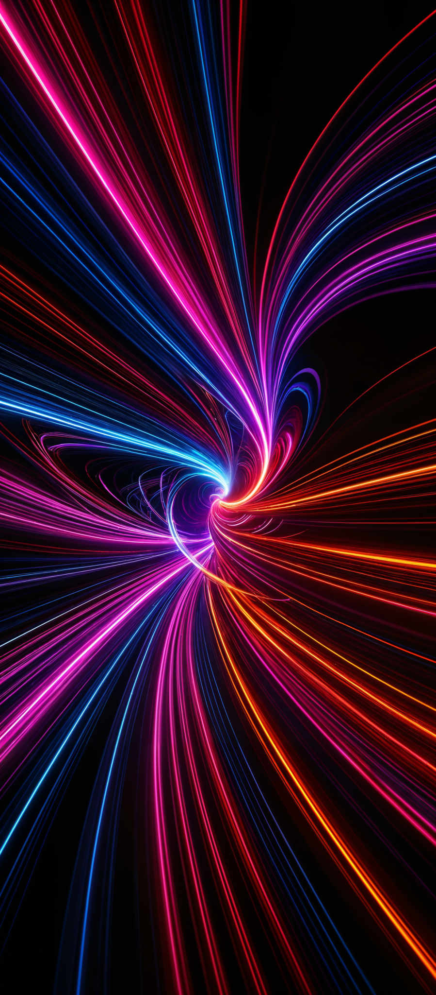 The image showcases a vibrant and dynamic visual of swirling lines of light. These lines are multicolored, predominantly featuring hues of pink, blue, and orange. They radiate outwards from a central point, creating a spiral effect. The swirls are intricate and appear to be moving at high speeds, giving the image a sense of energy and motion.