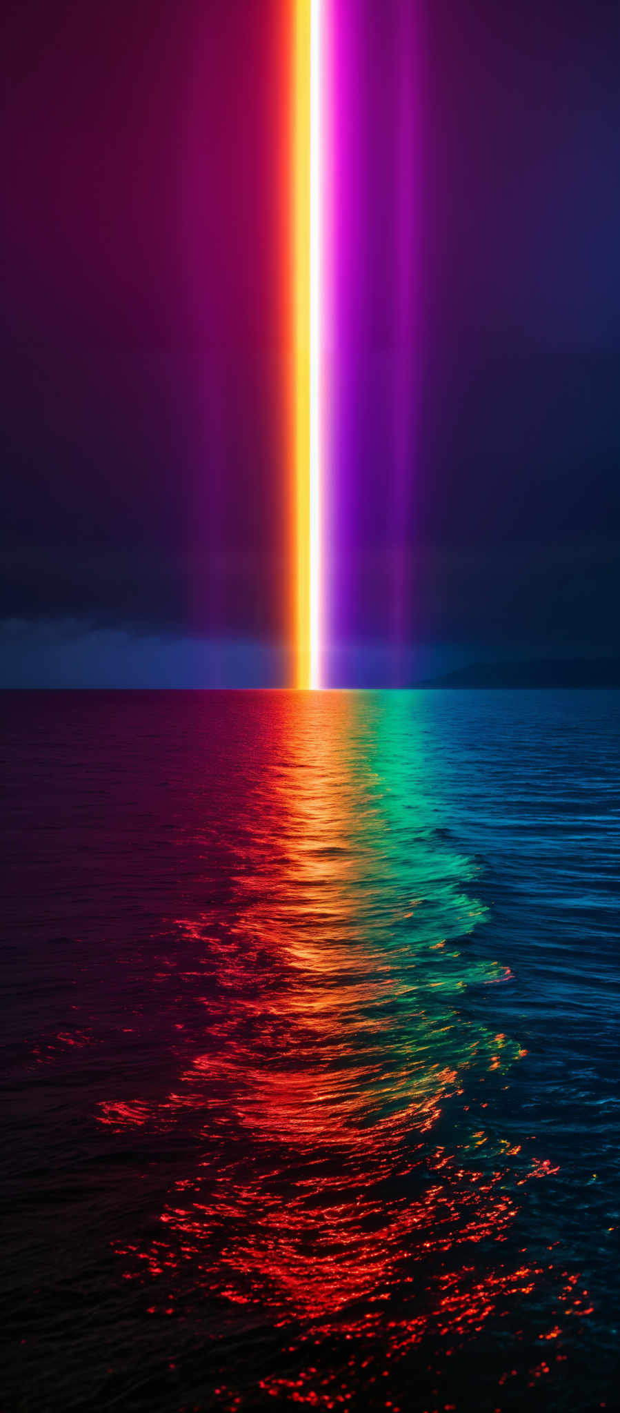 The image showcases a vibrant and mesmerizing scene of a body of water reflecting a radiant beam of light. The light beam is vertical and emits a spectrum of colors, transitioning from a deep purple at the top to a bright orange at the bottom. The water below the beam reflects the colors of the light, creating a gradient effect. The horizon is visible in the distance, and the sky above is dark, suggesting either early morning or late evening.