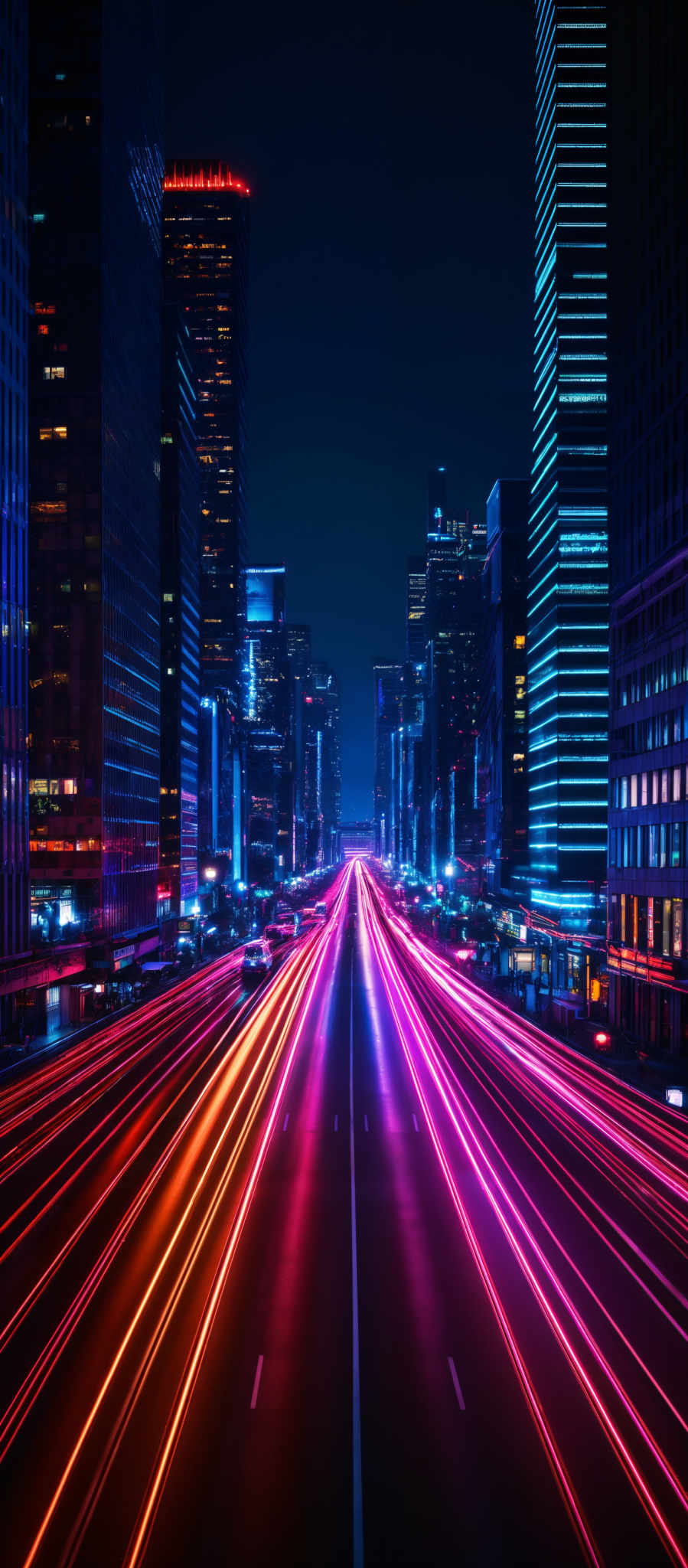 The image showcases a vibrant cityscape during nighttime. The dominant colors are shades of blue, pink, and red, creating a neon-like ambiance. The buildings are tall and modern, with reflective surfaces that mirror the city lights. The central focus is on the road, where light trails from moving vehicles create a dynamic streak of colors, ranging from bright reds to deep purples. The overall scene exudes a sense of energy, hustle, and the bustling nature of urban life.