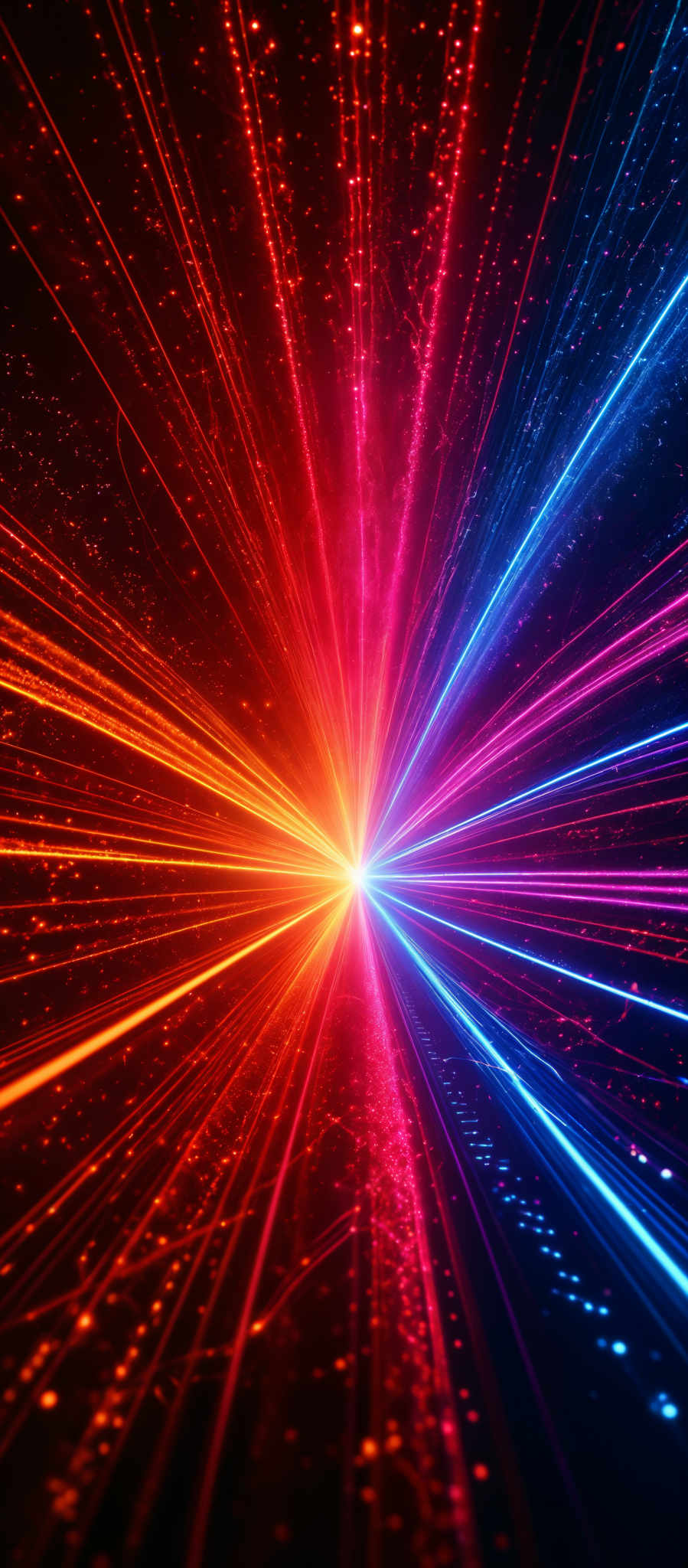 The image showcases a vibrant and dynamic scene with a central light source emitting radiant beams of light. These beams are colorful, transitioning from red to blue, and they appear to be moving outward in all directions. The background is dark, which accentuates the brightness of the beams. The overall shape is reminiscent of a burst or explosion, with the light beams radiating outwards in a radial pattern.