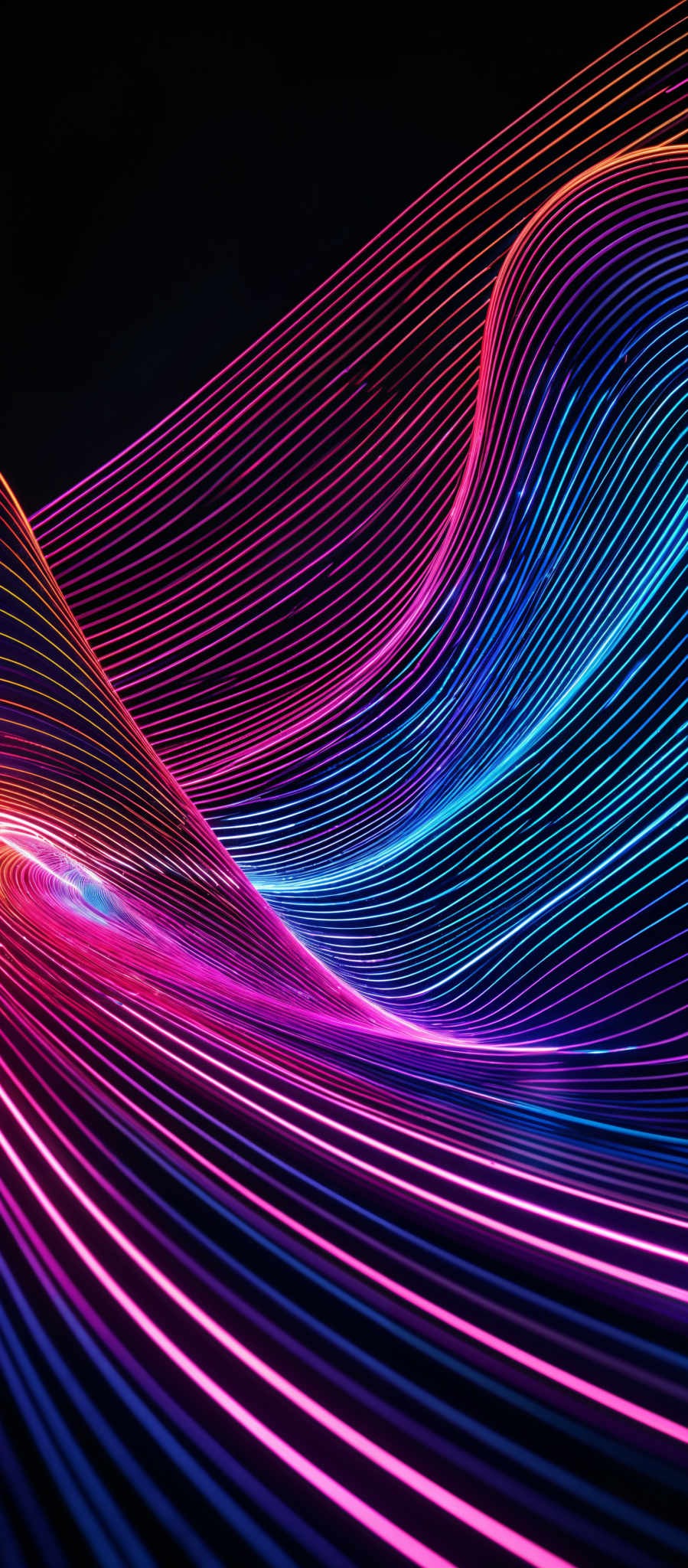 The image showcases a vibrant and dynamic visual of intertwined lines in a wave-like formation. The lines are colored in a spectrum of neon hues, including pink, blue, and orange. The waves appear to be in motion, creating a sense of depth and dimension. The overall effect is reminiscent of abstract art or a modern representation of fluid dynamics.