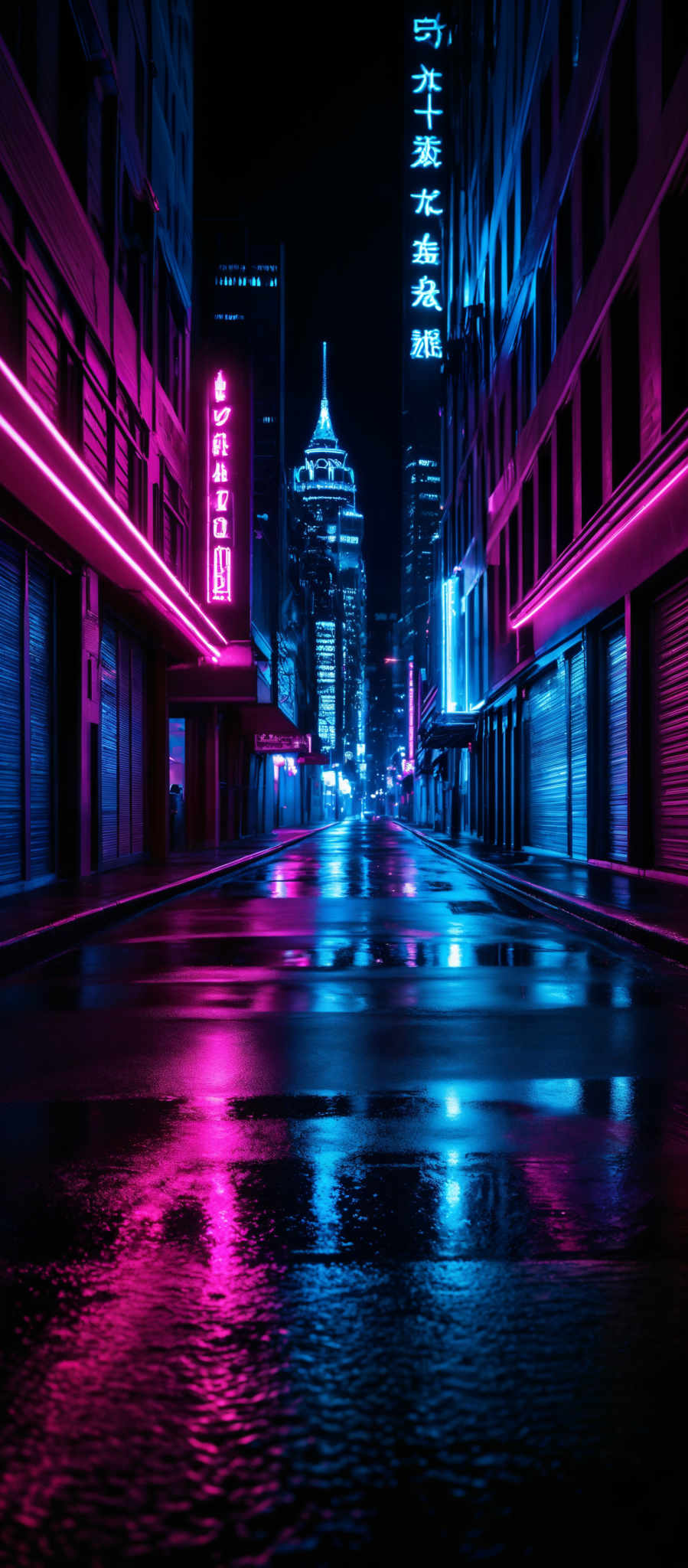 The image showcases a vibrant urban scene at night. Dominating the scene are neon signs in various shapes and colors, including pink, blue, and white. The colors cast a glow on the wet streets, reflecting the neon lights. The buildings are tall and modern, with some having illuminated windows. The street itself appears to be wet, possibly after a rain, as it reflects the neons and the city lights. Overall, the image exudes a futuristic, cyberpunk ambiance.