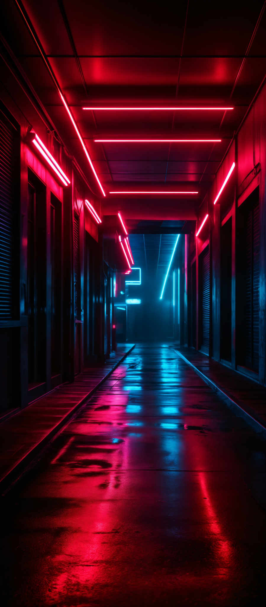 The image showcases a dimly lit alleyway with a modern, futuristic aesthetic. Dominating the scene are vibrant neon lights in shades of red and blue. These lights are linear and run along the length of the alley, casting a glow on the wet, reflective ground below. The alley itself is characterized by dark walls, some of which have shuttered windows. The overall ambiance is moody and atmospheric, with the neon lighting adding a sense of depth and dimension to the scene.