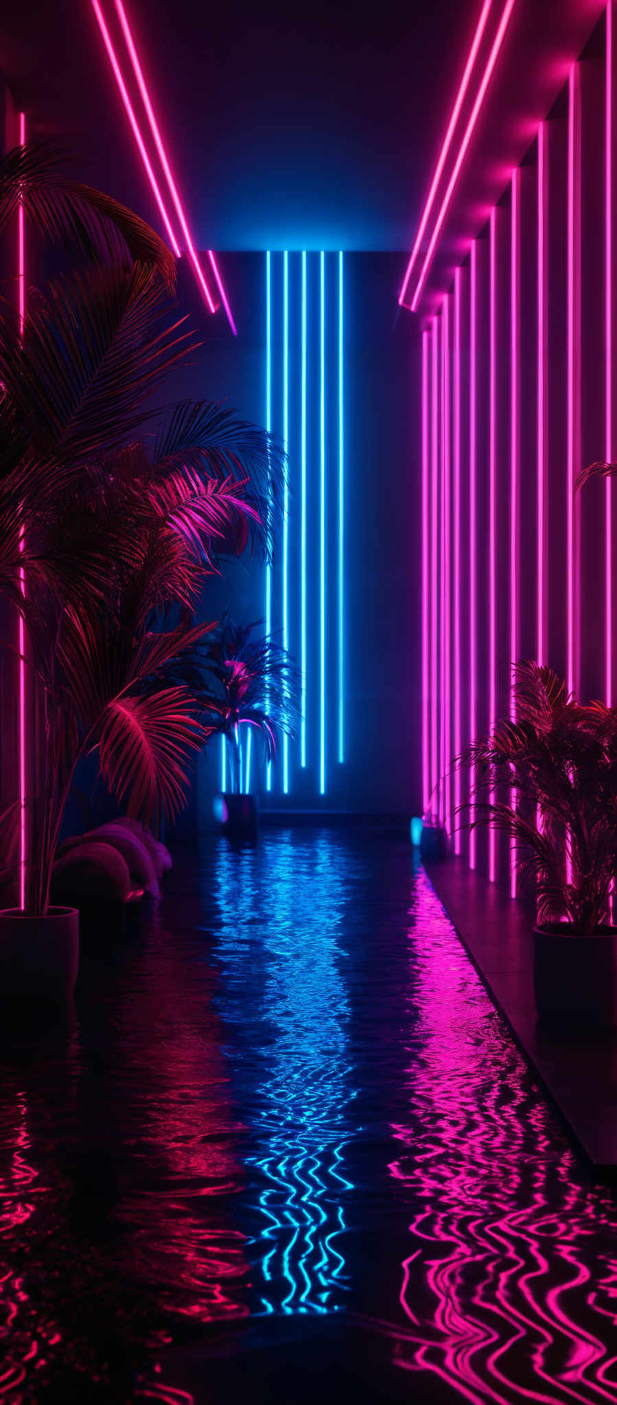 The image showcases a vibrant and futuristic setting. The dominant colors are neon shades of pink, blue, and purple. The scene features vertical neon strips that illuminate the space, creating a mirrored reflection on the water below. The water itself has a shimmering, wavy pattern, reflecting the colors of the neon lights. The room is adorned with tropical plants, which add a touch of nature to the scene. The plants are in pots and have long, slender leaves, some of which are swaying, possibly due to a gentle breeze or movement within the room.