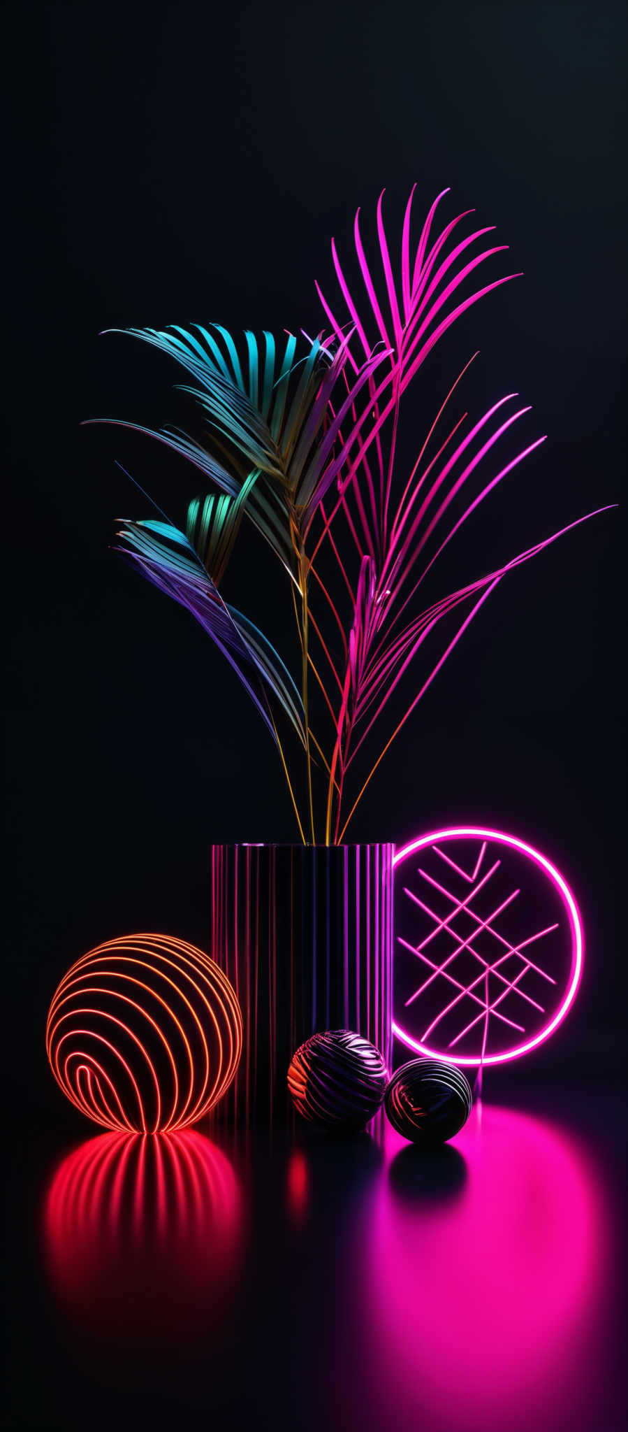 The image showcases a vibrant and neon-lit scene. There are palm-like leaves in various colors like pink, blue, and green, emerging from a black cylindrical object. Adjacent to the leaves, there are two spherical objects with spiral patterns in red and orange hues. On the right side, there's a circular neon sign with a geometric pattern. The entire scene is set against a dark background, emphasizing the bright colors of the objects.