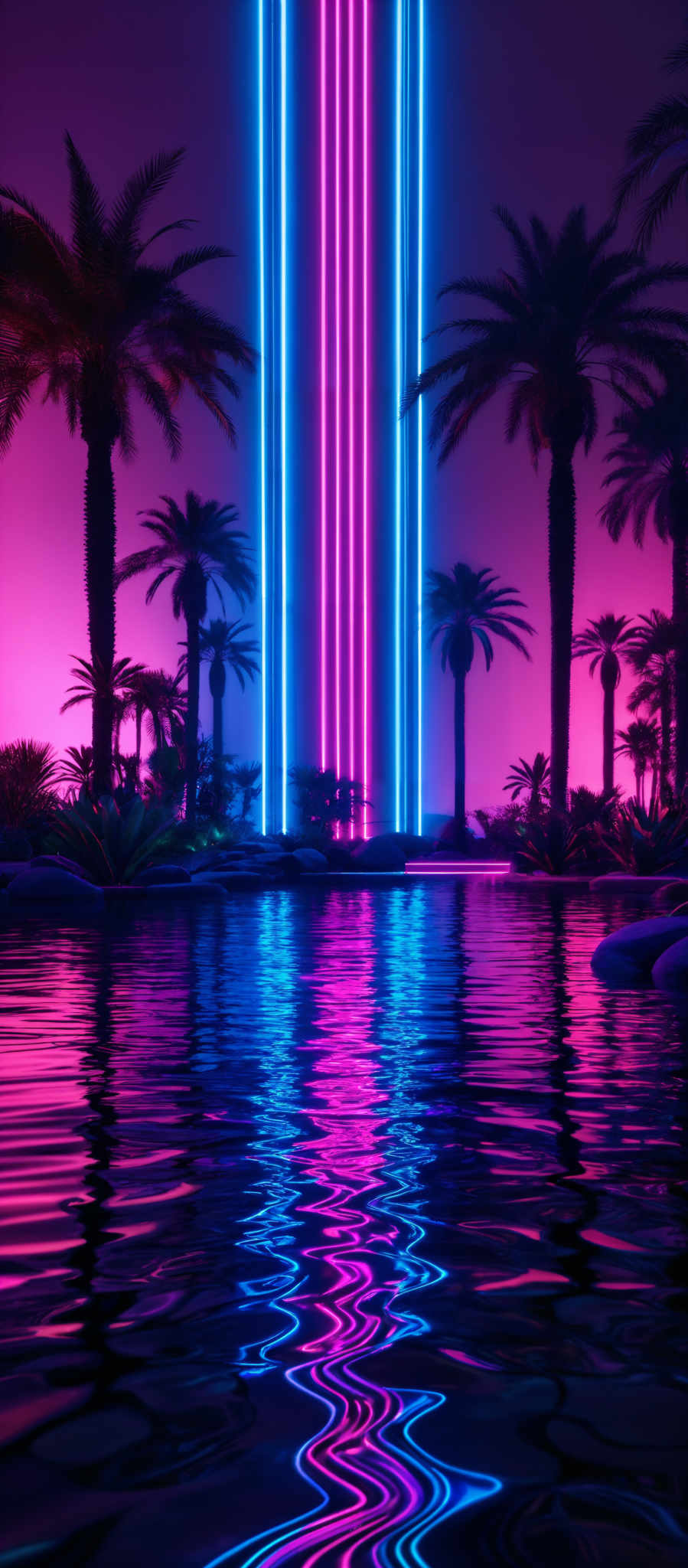 The image showcases a vibrant and futuristic scene. Dominating the center is a vertical beam of neon lights in alternating blue and pink colors. These lights are reflected on the water below, creating a mesmerizing pattern. Surrounding the central beam are palm trees, silhouetted against the neon glow. The sky is painted in hues of pink and purple, suggesting either a sunset or sunrise. The overall ambiance is one of a tropical paradise, but with a modern, cyberpunk twist.