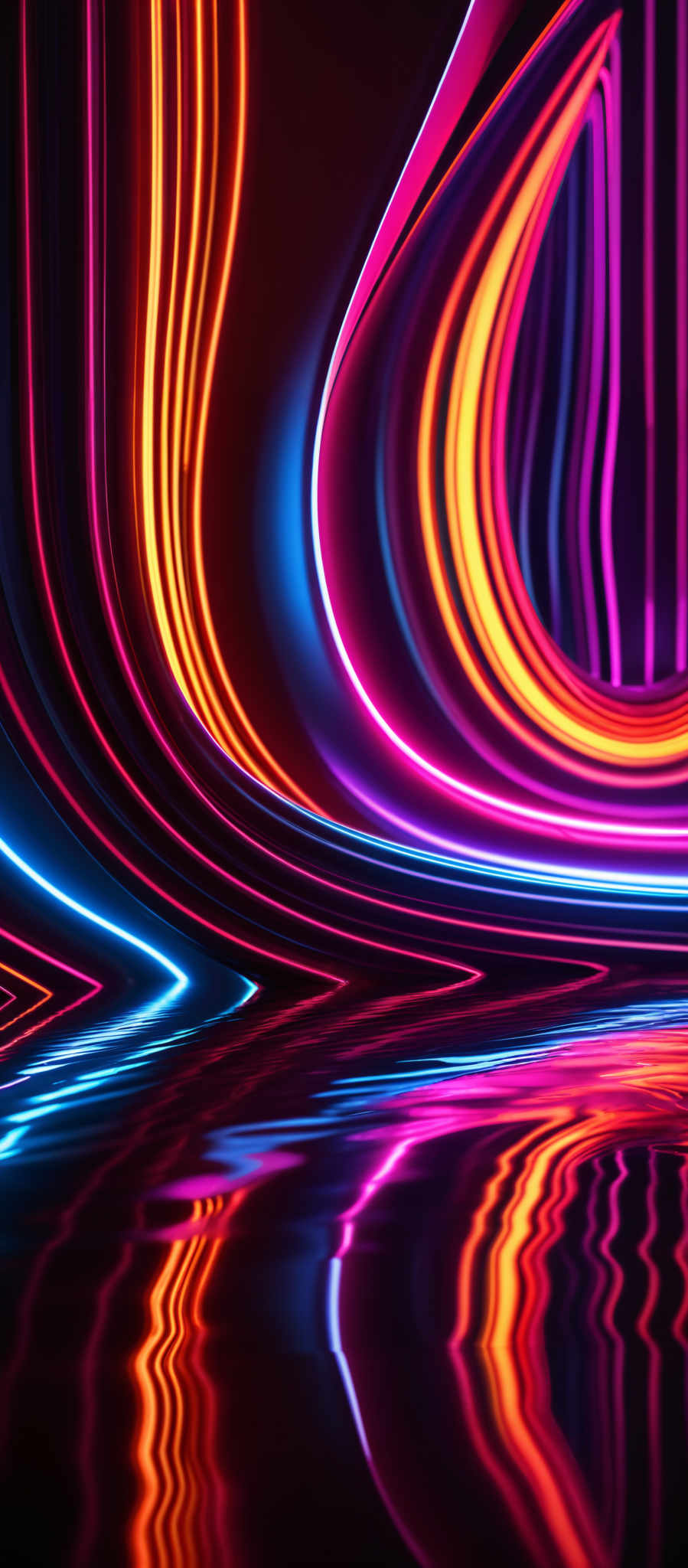 The image showcases a vibrant and dynamic abstract design. It features swirling lines of various colors, including deep reds, bright oranges, and electric blues. These lines appear to be flowing and curving, creating a sense of movement and energy. The design is reflected on a dark surface below, creating an illusion of depth and dimension. The overall effect is both mesmerizing and visually captivating.