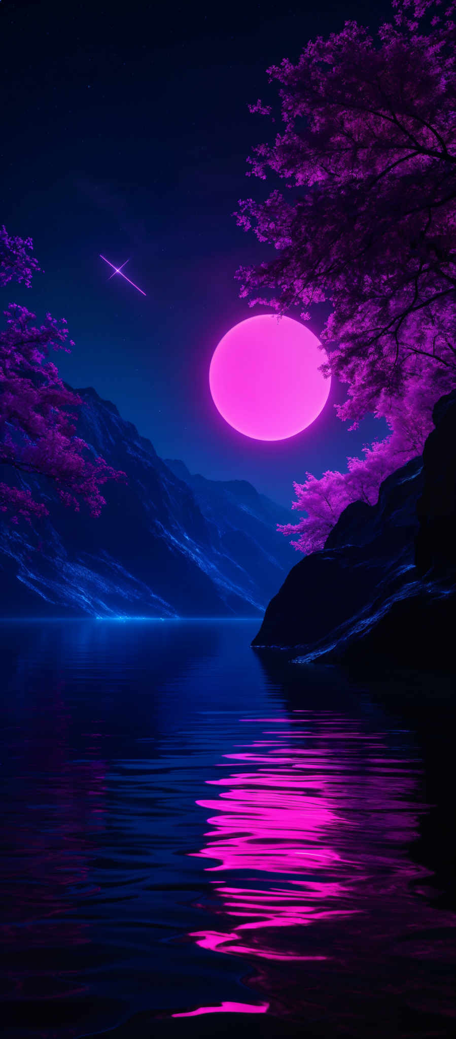 The image showcases a vibrant and surreal landscape. The dominant colors are shades of purple and blue. The sky is filled with a large, glowing pink moon, surrounded by a few stars. A shooting star or comet streaks across the sky. In the foreground, there's a serene body of water reflecting the moon's glow. On either side of the water, there are rugged mountains with trees, some of which have purple leaves. The trees are silhouetted against the moonlight, adding depth to the scene.